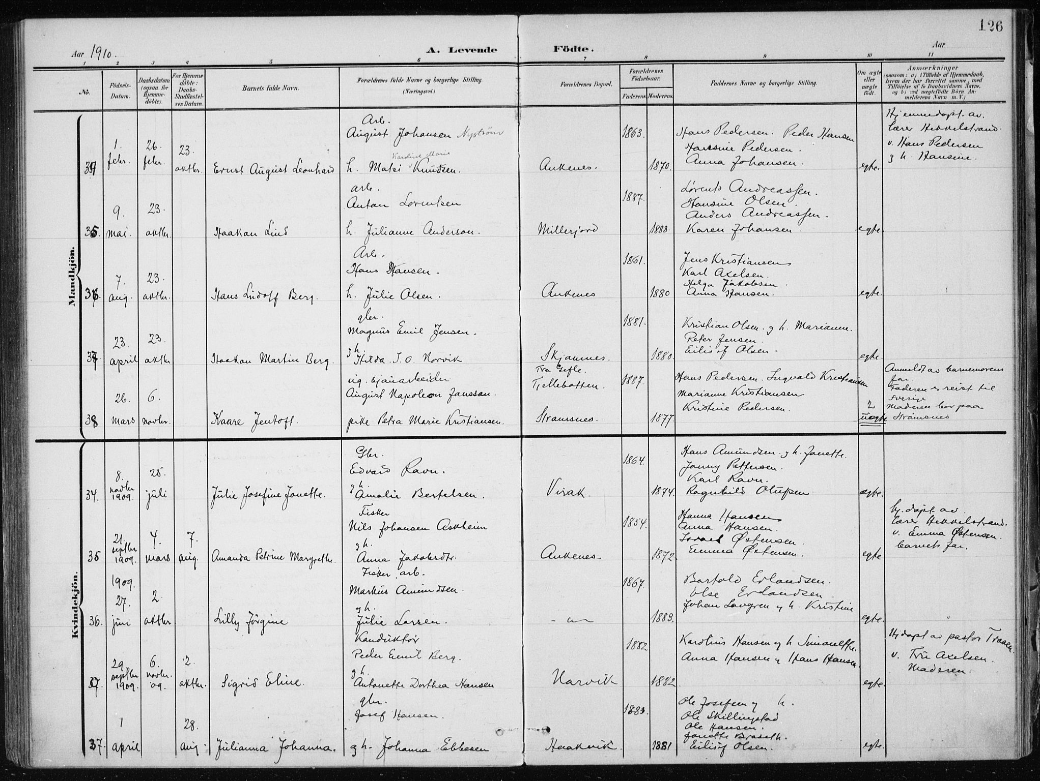 Ministerialprotokoller, klokkerbøker og fødselsregistre - Nordland, AV/SAT-A-1459/866/L0941: Ministerialbok nr. 866A04, 1901-1917, s. 126