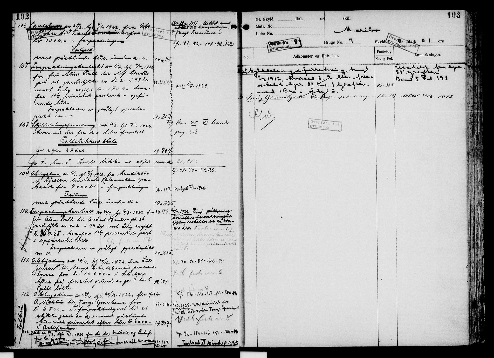 Nord-Hedmark sorenskriveri, SAH/TING-012/H/Ha/Had/Hade/L0004: Panteregister nr. 4.4, 1910-1940, s. 102-103