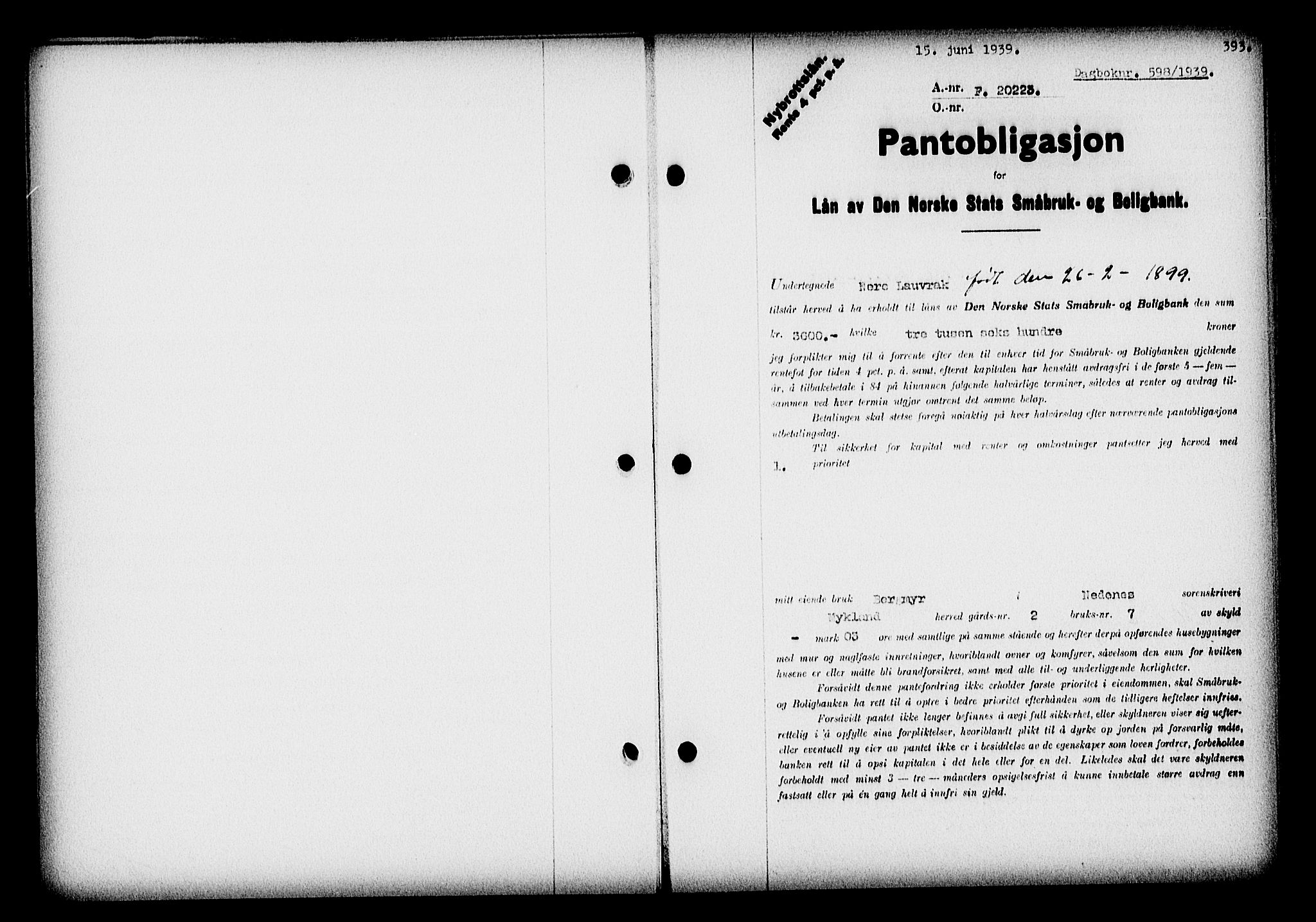 Nedenes sorenskriveri, SAK/1221-0006/G/Gb/Gba/L0046: Pantebok nr. 42, 1938-1939, Dagboknr: 598/1939
