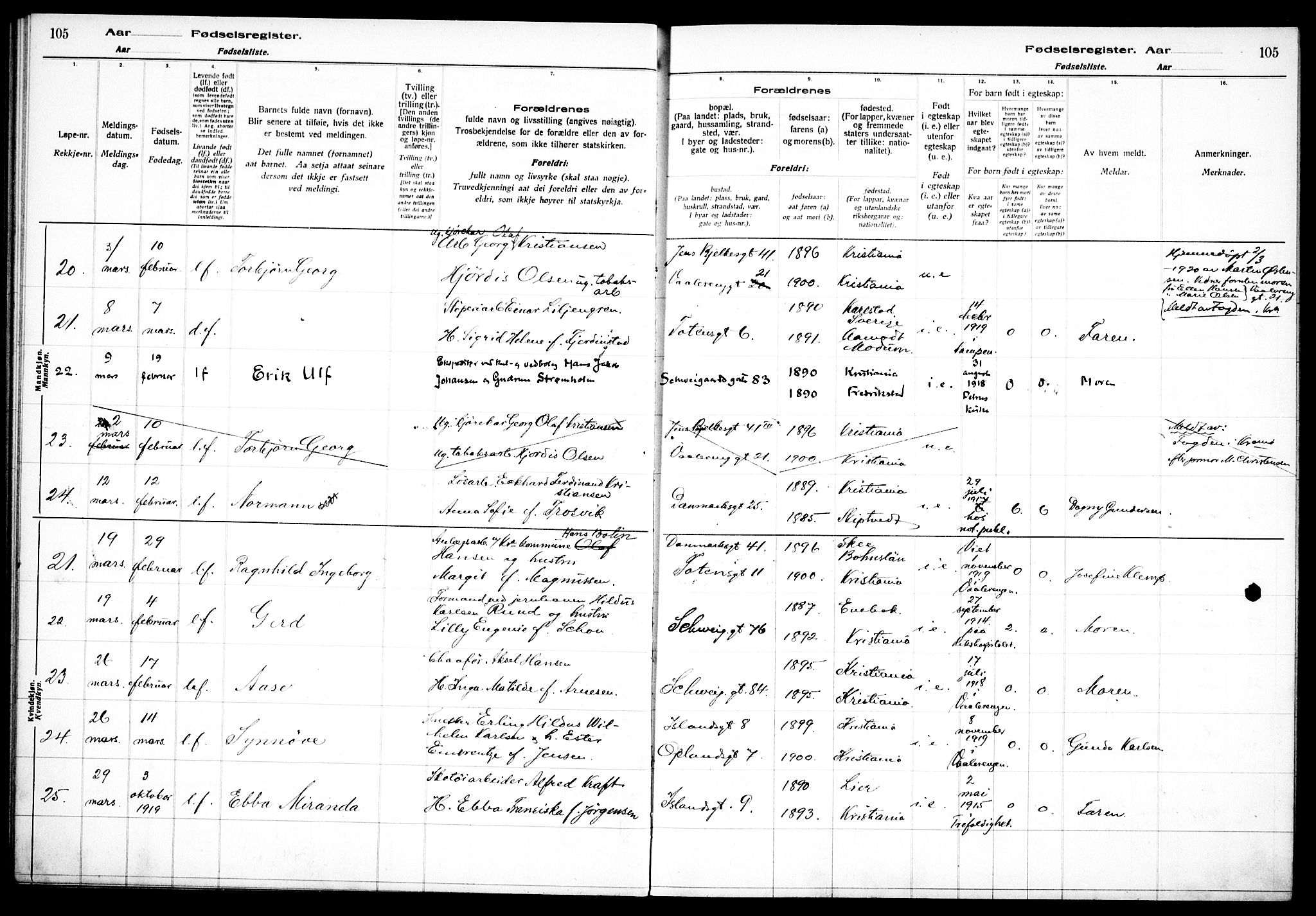 Vålerengen prestekontor Kirkebøker, AV/SAO-A-10878/J/Ja/L0001: Fødselsregister nr. 1, 1916-1924, s. 105