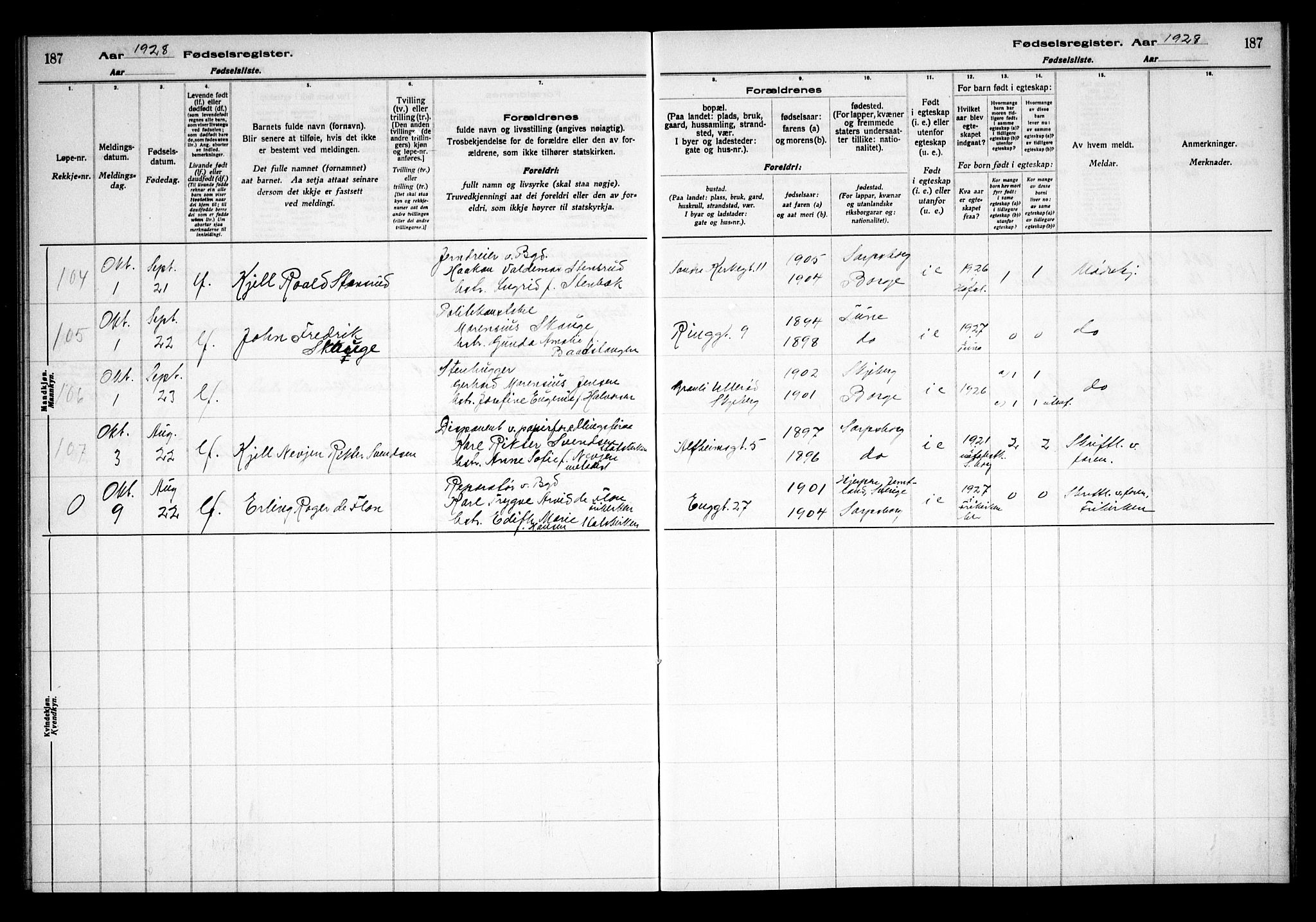 Sarpsborg prestekontor Kirkebøker, AV/SAO-A-2006/J/Ja/L0002: Fødselsregister nr. 2, 1922-1928, s. 187
