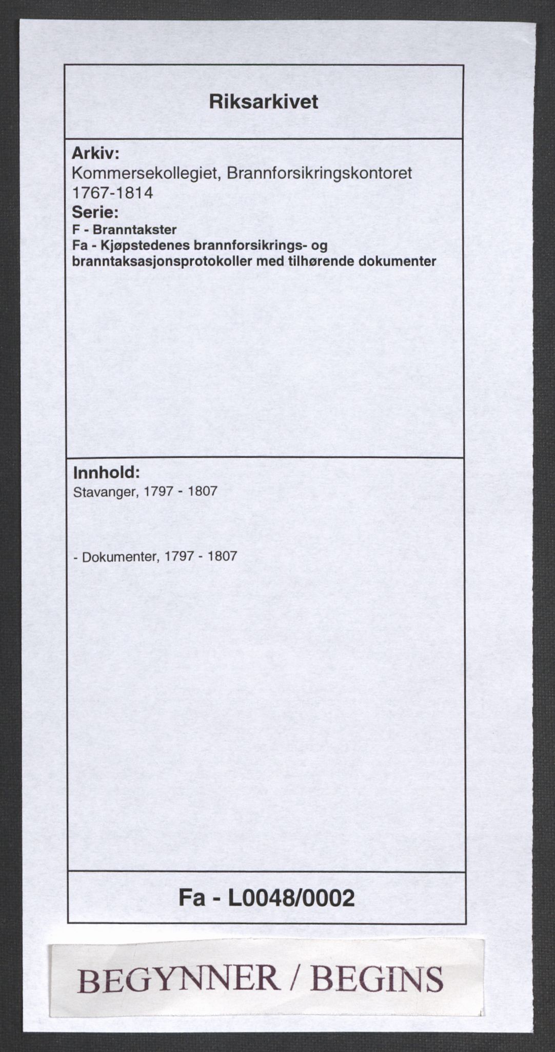Kommersekollegiet, Brannforsikringskontoret 1767-1814, RA/EA-5458/F/Fa/L0048/0002: Stavanger / Dokumenter, 1797-1807