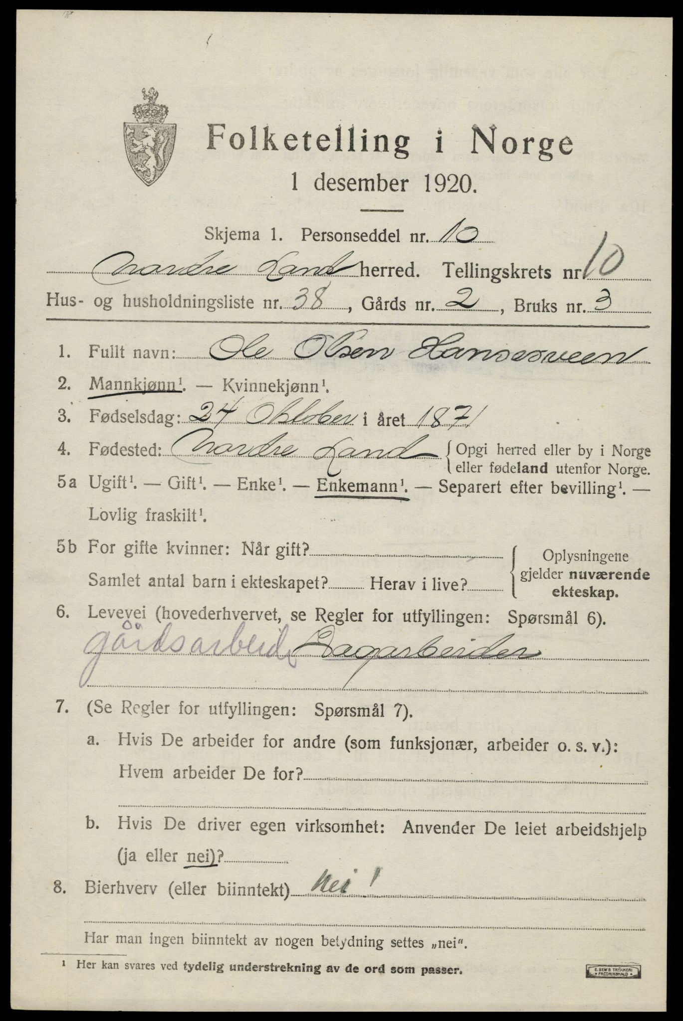 SAH, Folketelling 1920 for 0538 Nordre Land herred, 1920, s. 5642