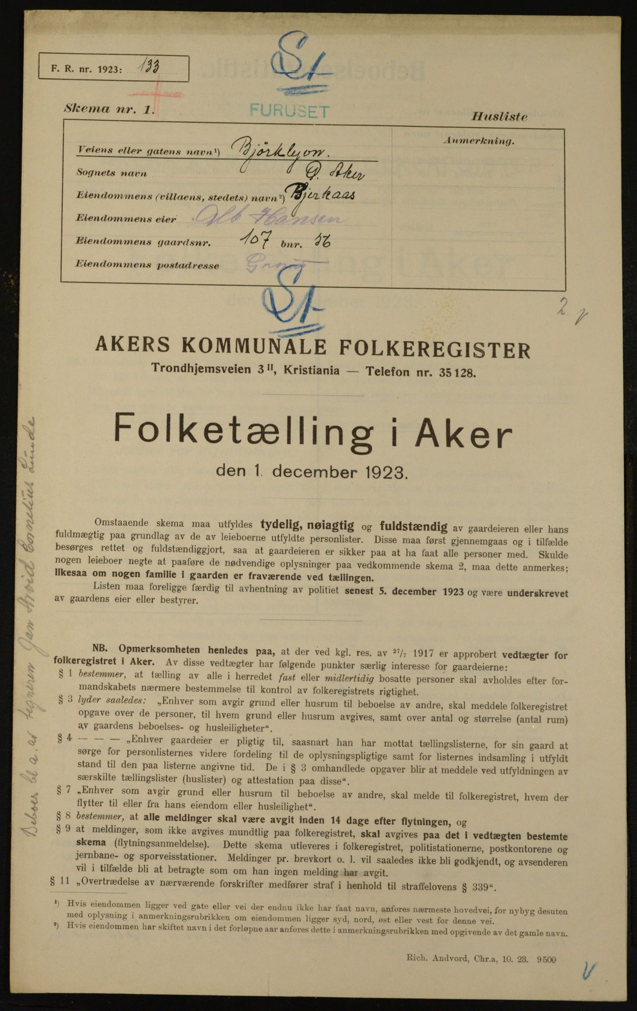 , Kommunal folketelling 1.12.1923 for Aker, 1923, s. 23031