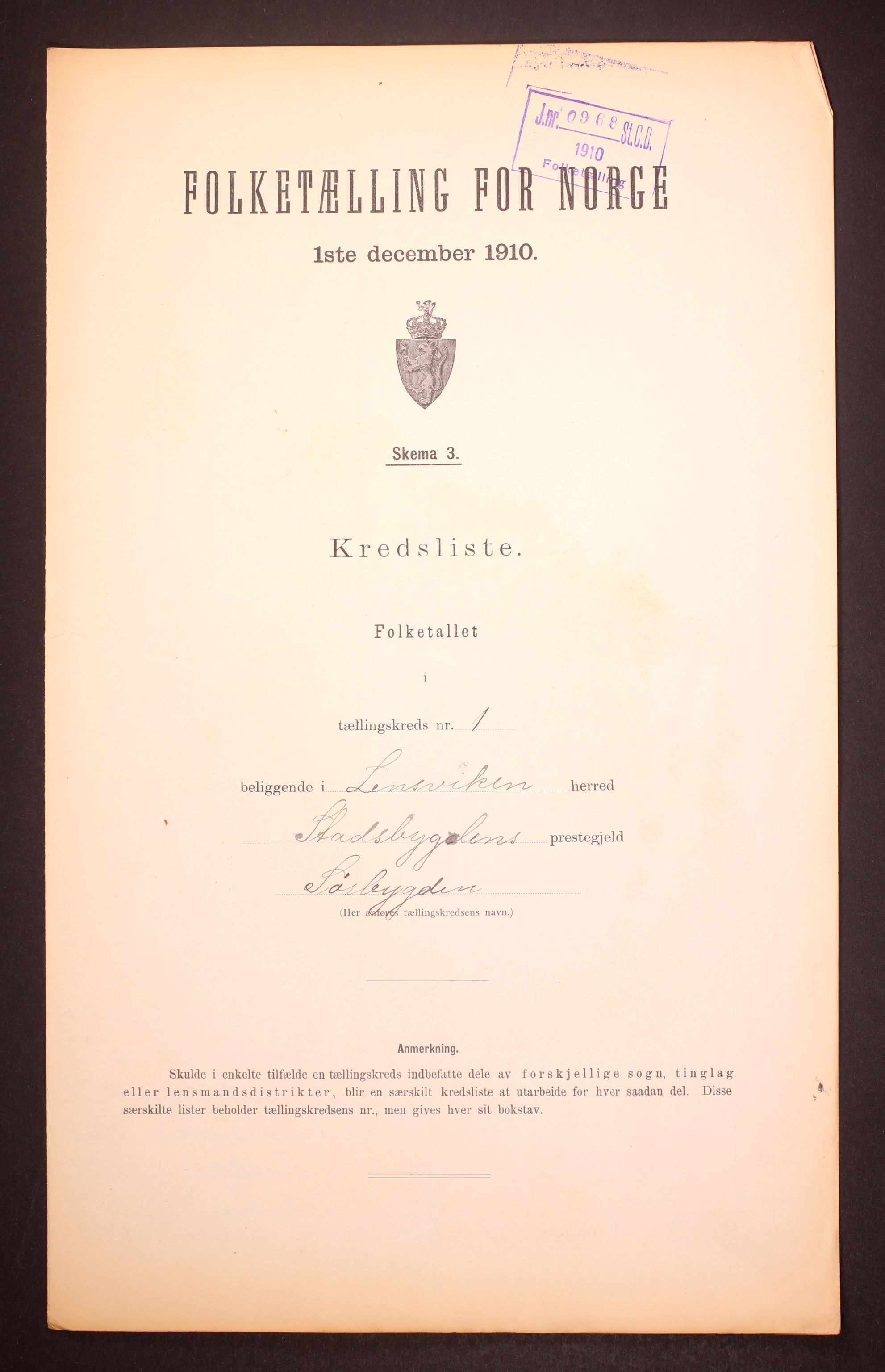 RA, Folketelling 1910 for 1623 Lensvik herred, 1910, s. 4