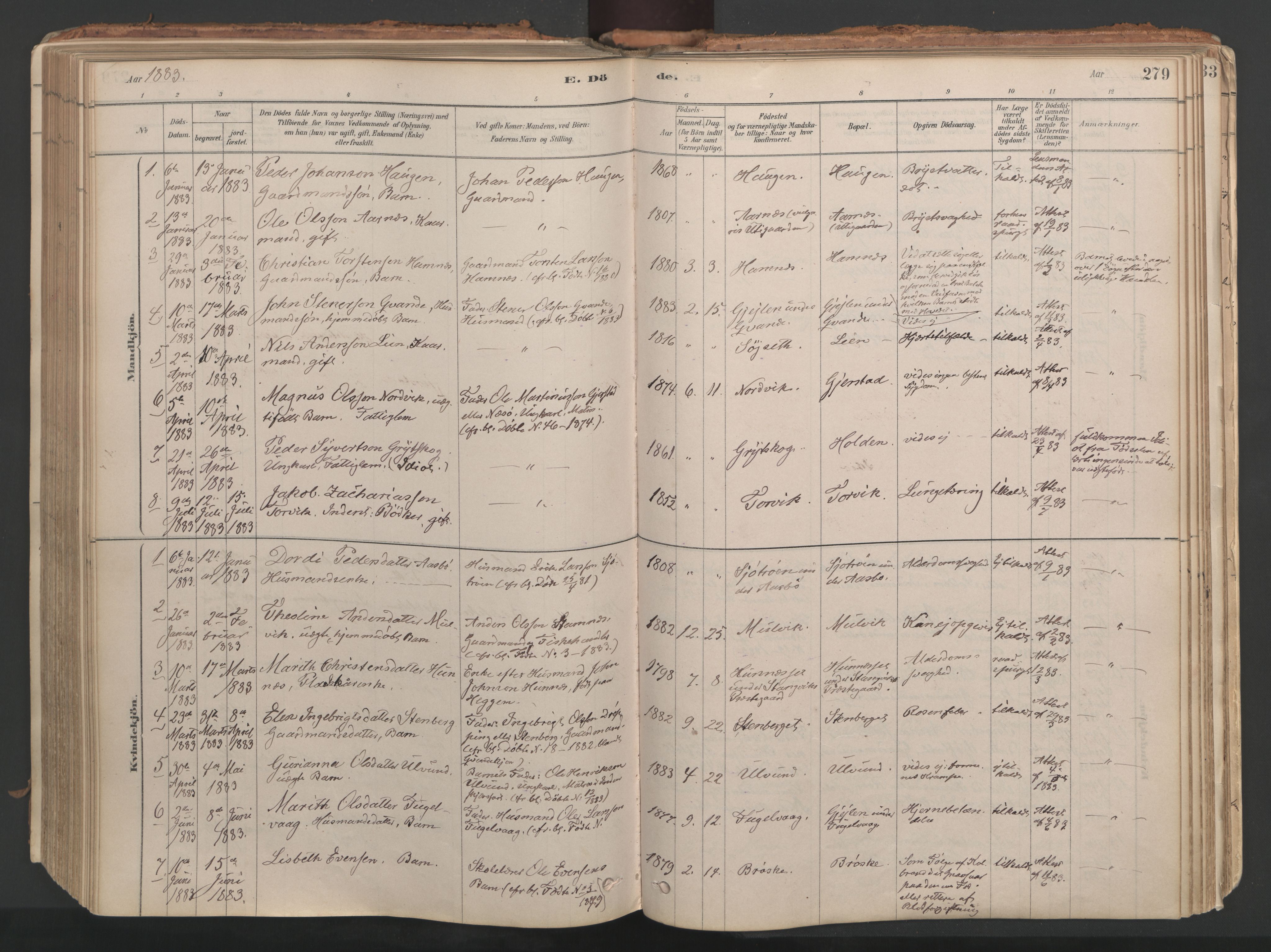 Ministerialprotokoller, klokkerbøker og fødselsregistre - Møre og Romsdal, AV/SAT-A-1454/592/L1029: Ministerialbok nr. 592A07, 1879-1902, s. 279