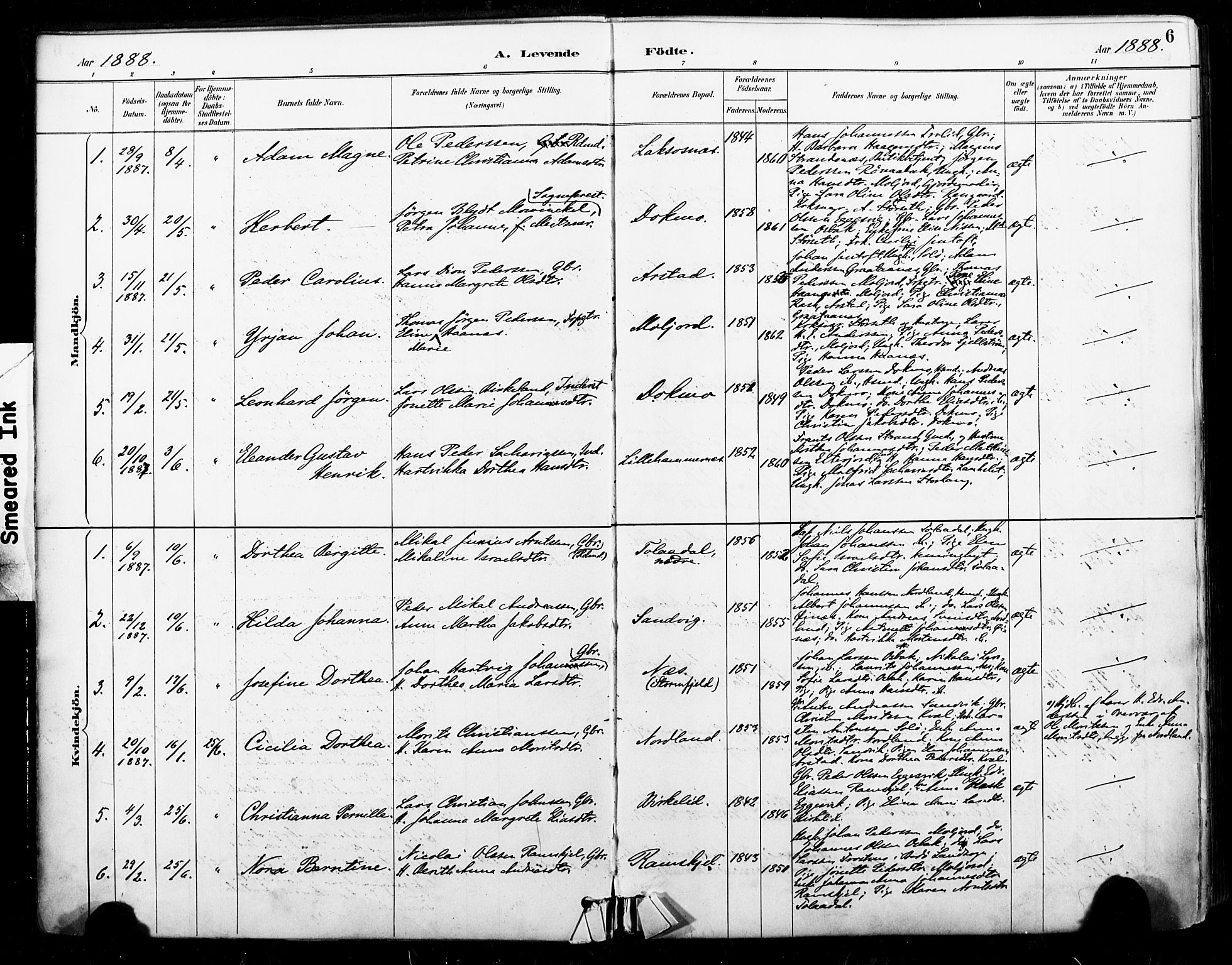 Ministerialprotokoller, klokkerbøker og fødselsregistre - Nordland, AV/SAT-A-1459/846/L0646: Ministerialbok nr. 846A04, 1887-1901, s. 6