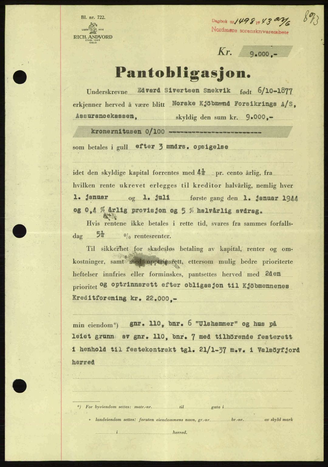 Nordmøre sorenskriveri, SAT/A-4132/1/2/2Ca: Pantebok nr. B90, 1942-1943, Dagboknr: 1498/1943