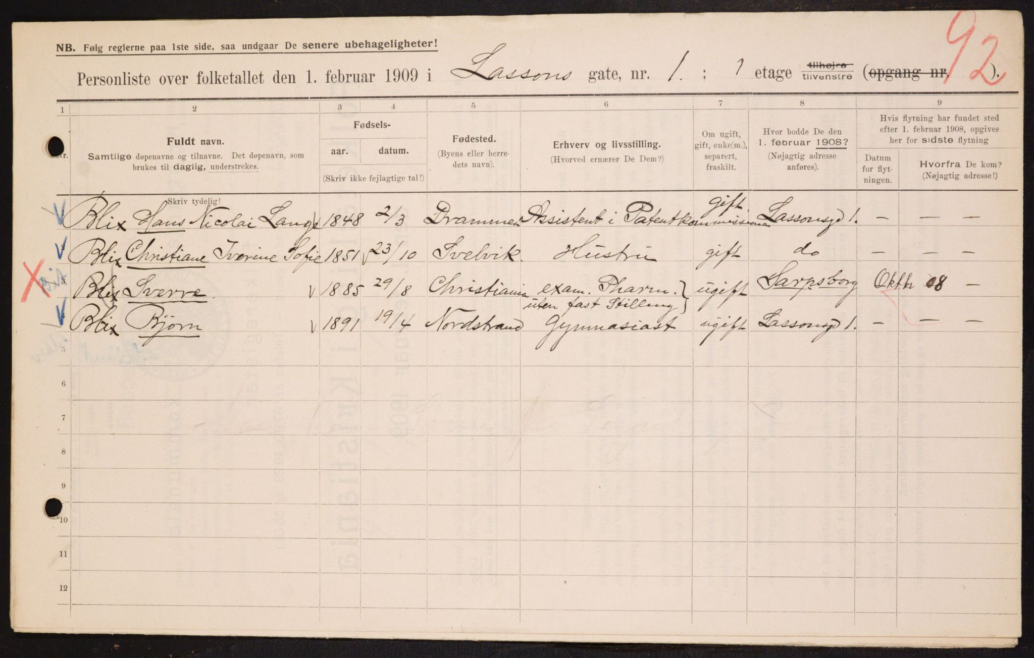 OBA, Kommunal folketelling 1.2.1909 for Kristiania kjøpstad, 1909, s. 52210