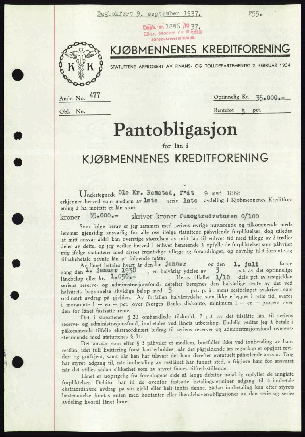 Eiker, Modum og Sigdal sorenskriveri, SAKO/A-123/G/Ga/Gab/L0036: Pantebok nr. A6, 1937-1937, Dagboknr: 1886/1937
