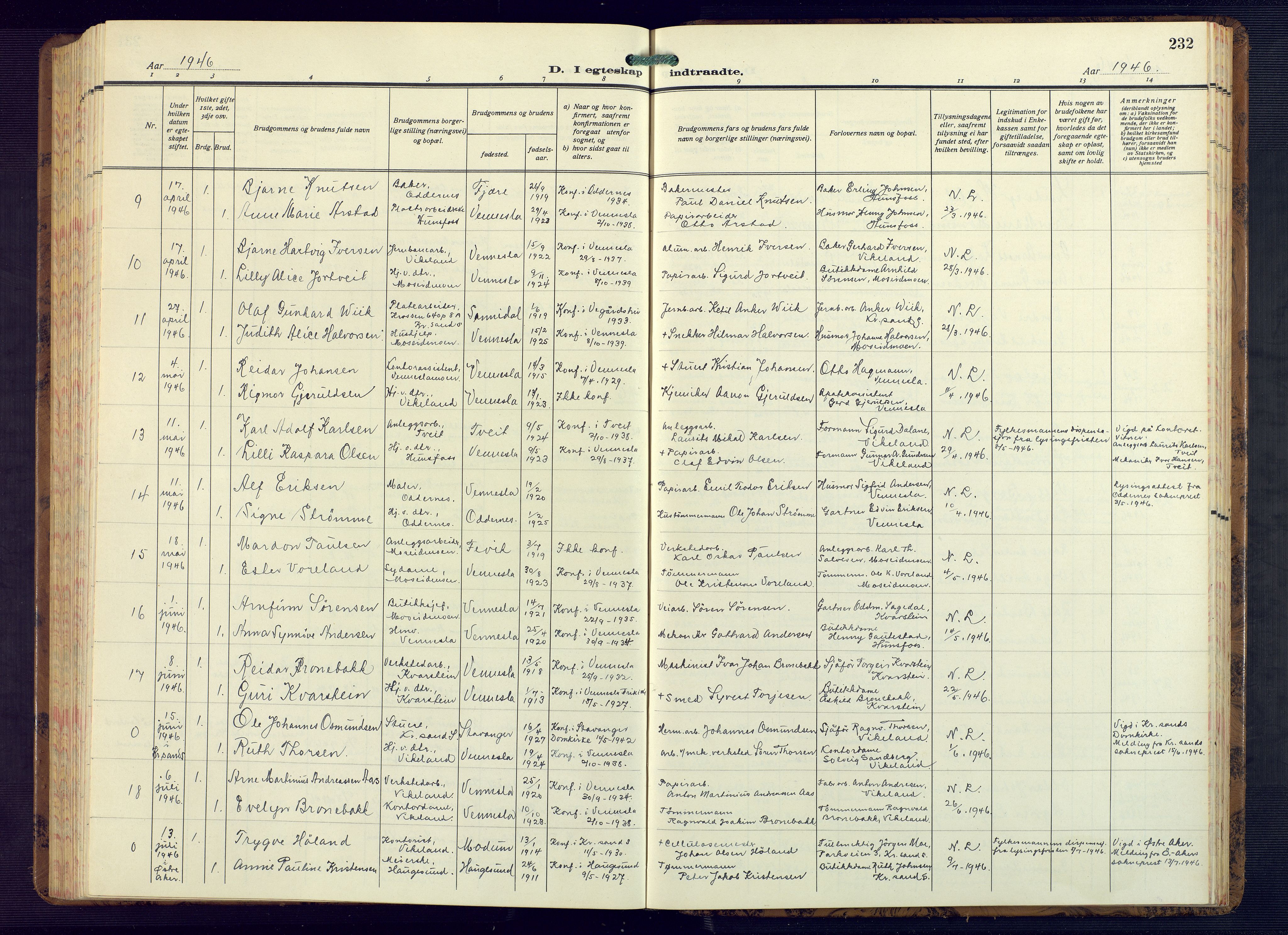 Vennesla sokneprestkontor, AV/SAK-1111-0045/Fb/Fbb/L0008: Klokkerbok nr. B 8, 1934-1947, s. 232