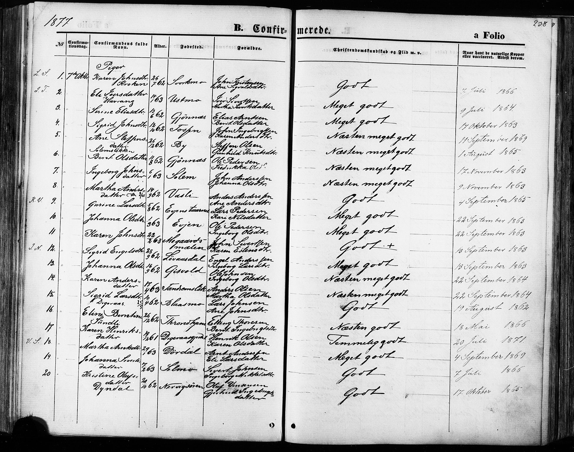 Ministerialprotokoller, klokkerbøker og fødselsregistre - Sør-Trøndelag, SAT/A-1456/668/L0807: Ministerialbok nr. 668A07, 1870-1880, s. 238