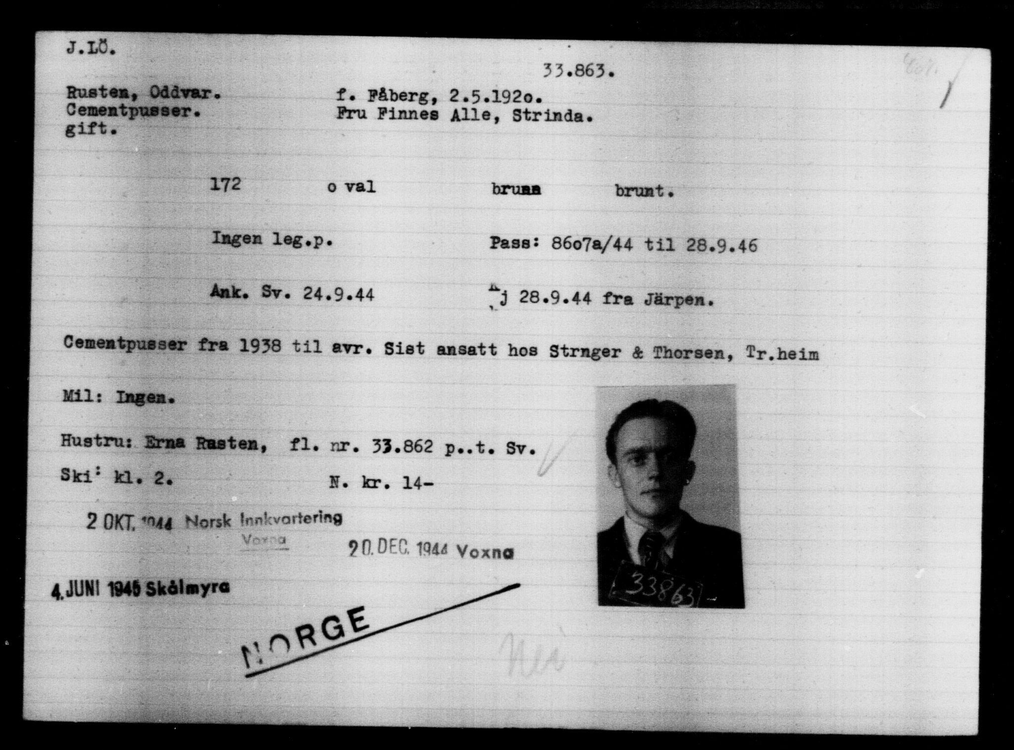 Utenriksstasjonene, Legasjonen i Stockholm, Flyktningkontoret, AV/RA-S-6753/V/Va/L0013: Kjesäterkartoteket, flyktninger med registreringsnr. 31500-34731, 1940-1945, s. 2498