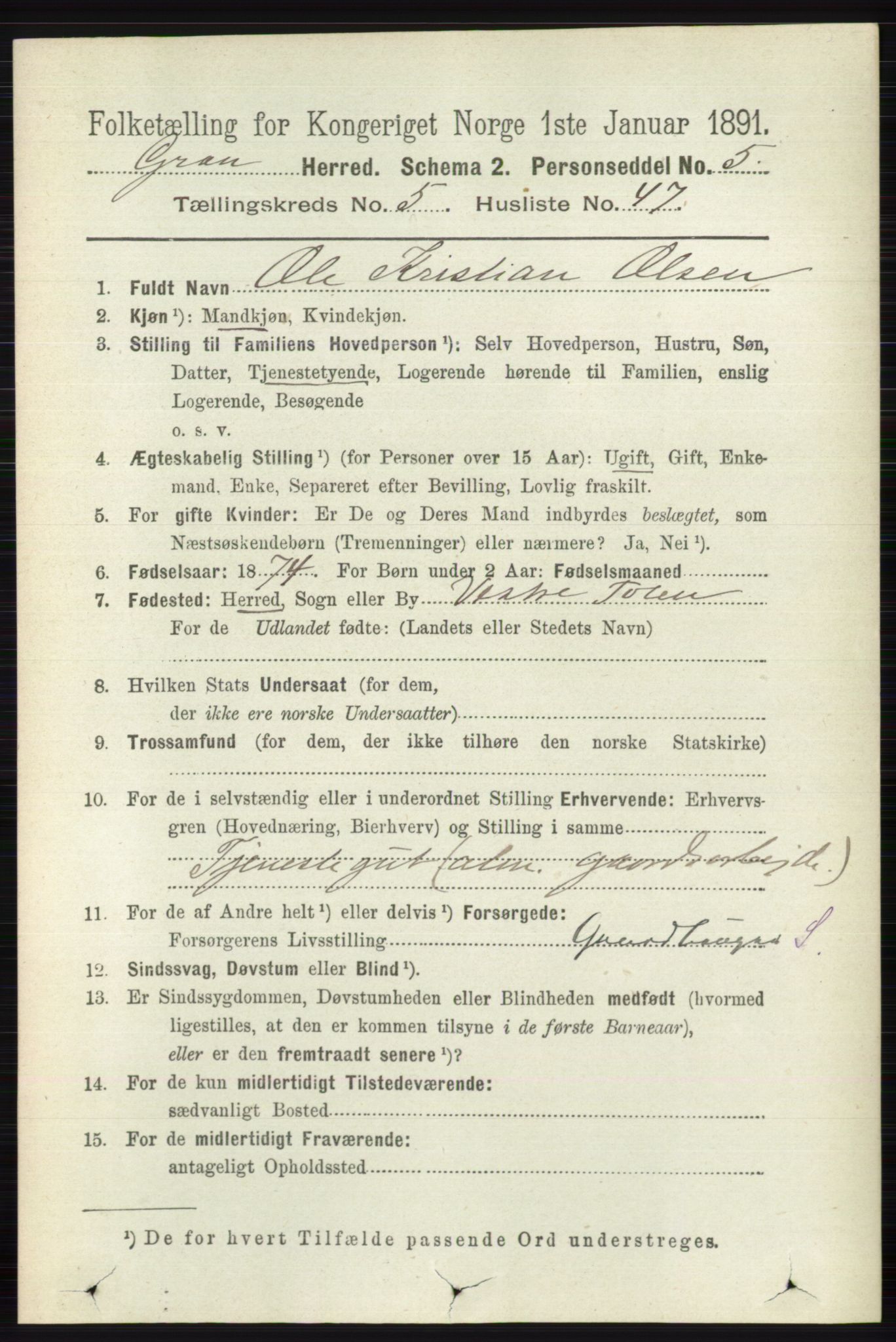 RA, Folketelling 1891 for 0534 Gran herred, 1891, s. 1889