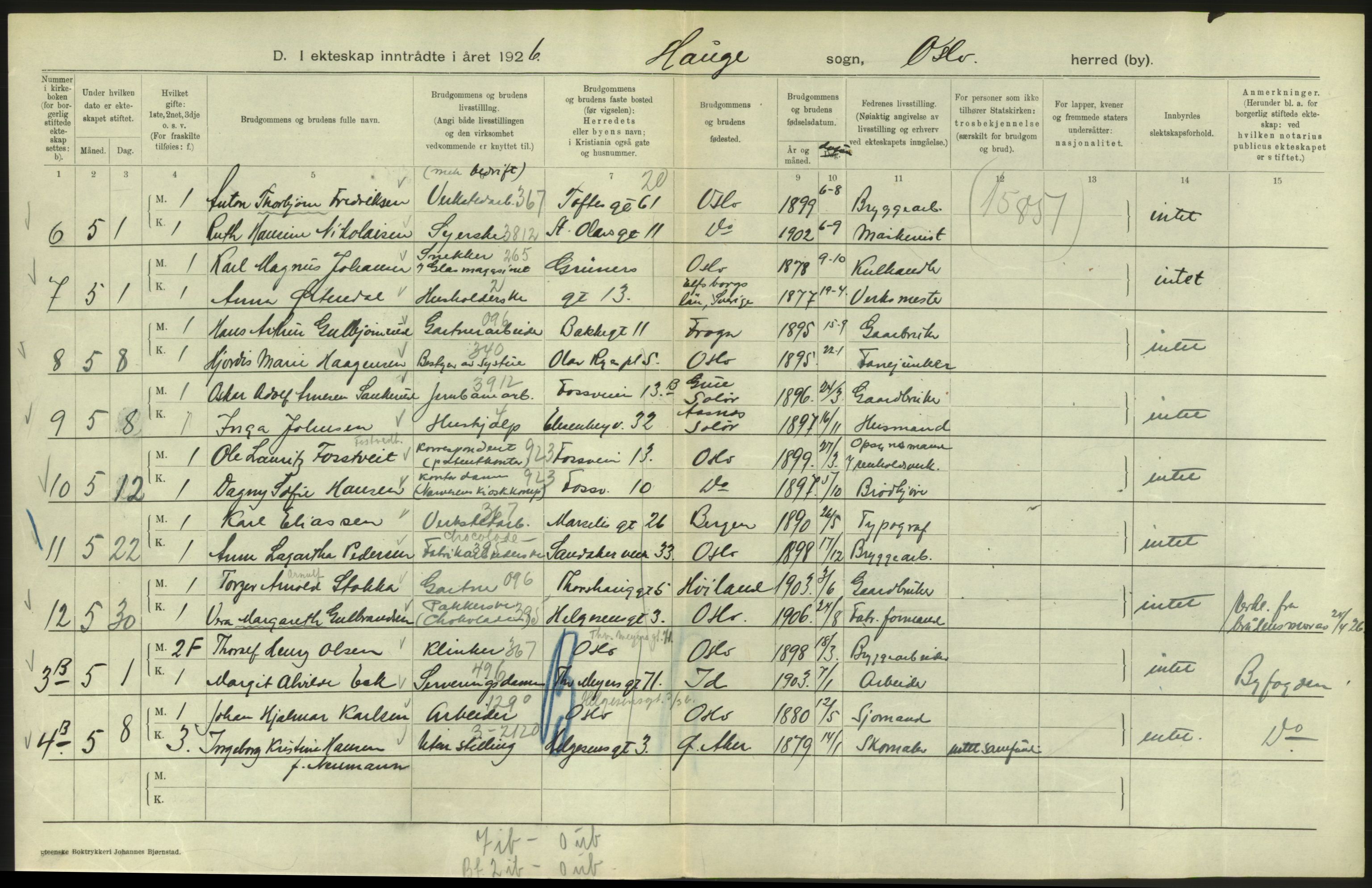 Statistisk sentralbyrå, Sosiodemografiske emner, Befolkning, AV/RA-S-2228/D/Df/Dfc/Dfcf/L0008: Oslo: Gifte, 1926, s. 730