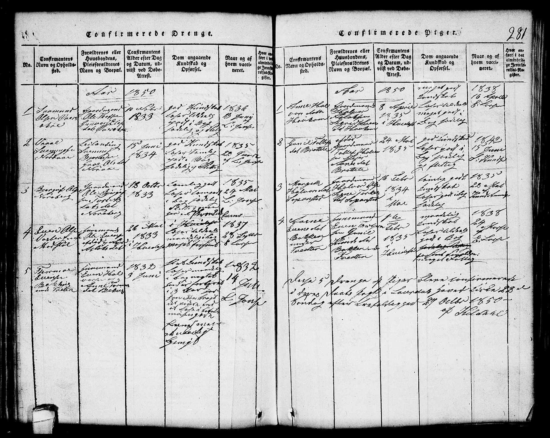 Lårdal kirkebøker, AV/SAKO-A-284/G/Gc/L0001: Klokkerbok nr. III 1, 1815-1854, s. 281