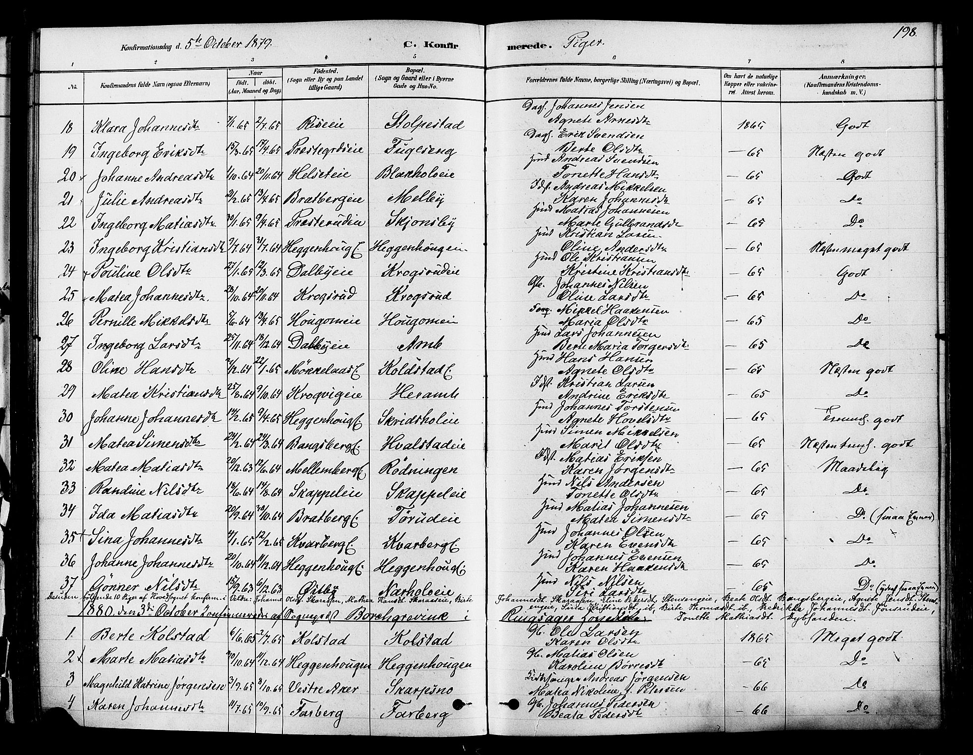 Ringsaker prestekontor, AV/SAH-PREST-014/K/Ka/L0012: Ministerialbok nr. 12, 1879-1890, s. 198