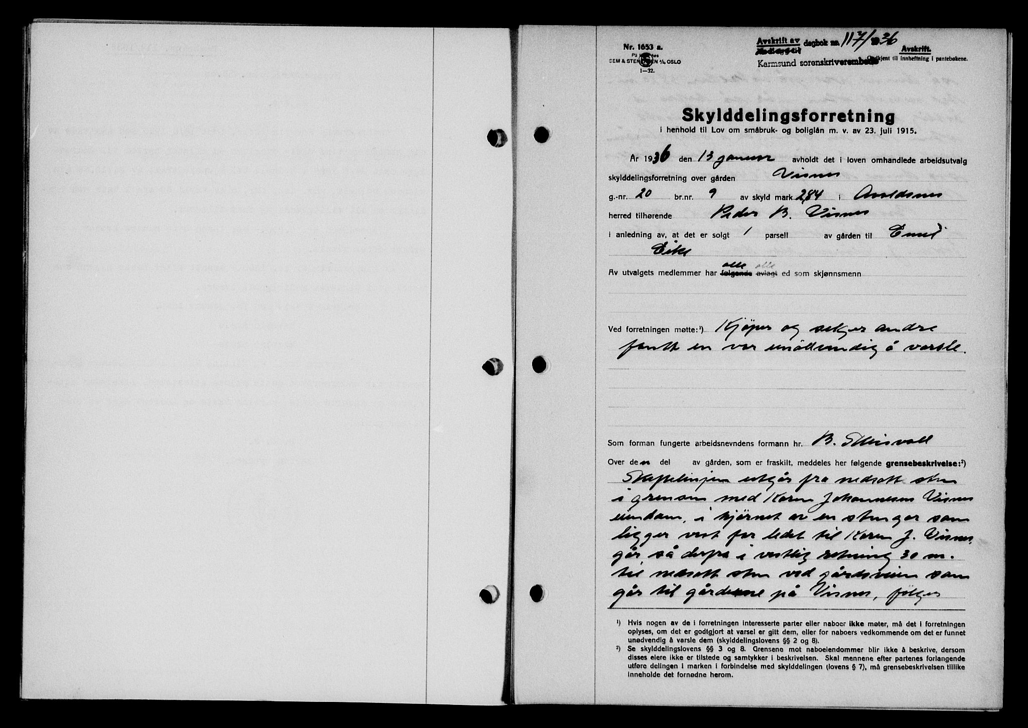 Karmsund sorenskriveri, SAST/A-100311/01/II/IIB/L0066: Pantebok nr. 47A, 1936-1936, Dagboknr: 117/1936