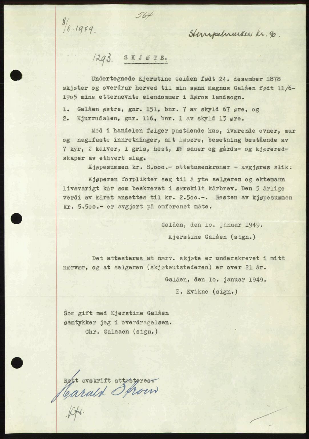 Gauldal sorenskriveri, SAT/A-0014/1/2/2C: Pantebok nr. A8, 1949-1949, Dagboknr: 1293/1949