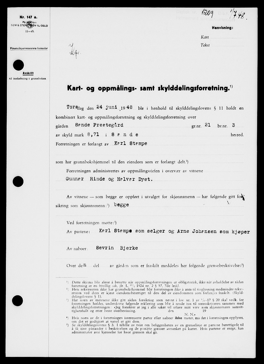 Holmestrand sorenskriveri, SAKO/A-67/G/Ga/Gaa/L0064: Pantebok nr. A-64, 1948-1948, Dagboknr: 1209/1948