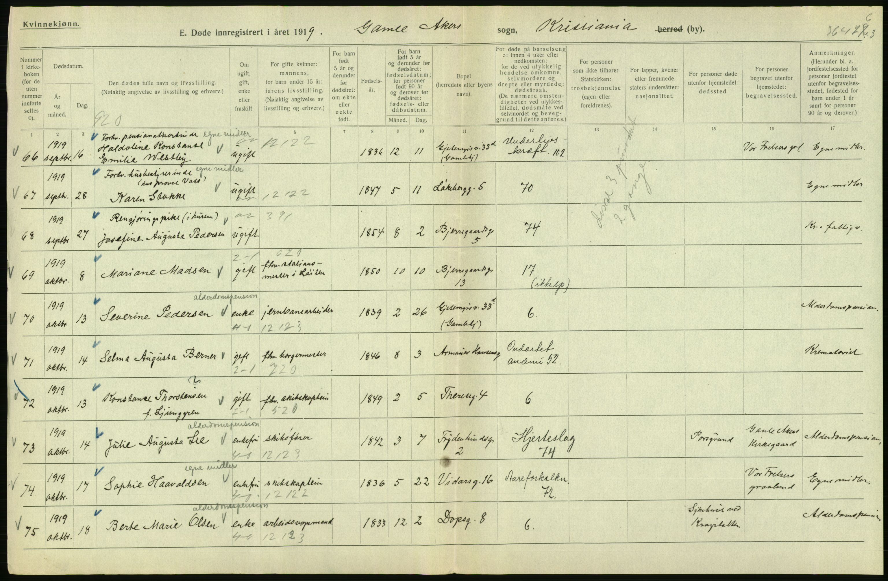 Statistisk sentralbyrå, Sosiodemografiske emner, Befolkning, AV/RA-S-2228/D/Df/Dfb/Dfbi/L0011: Kristiania: Døde, dødfødte, 1919