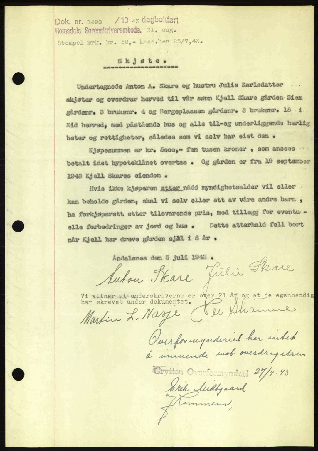 Romsdal sorenskriveri, SAT/A-4149/1/2/2C: Pantebok nr. A14, 1943-1943, Dagboknr: 1490/1943