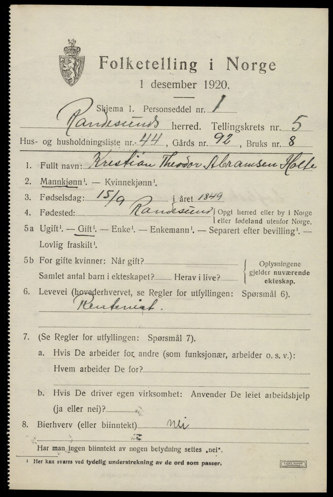 SAK, Folketelling 1920 for 1011 Randesund herred, 1920, s. 2720