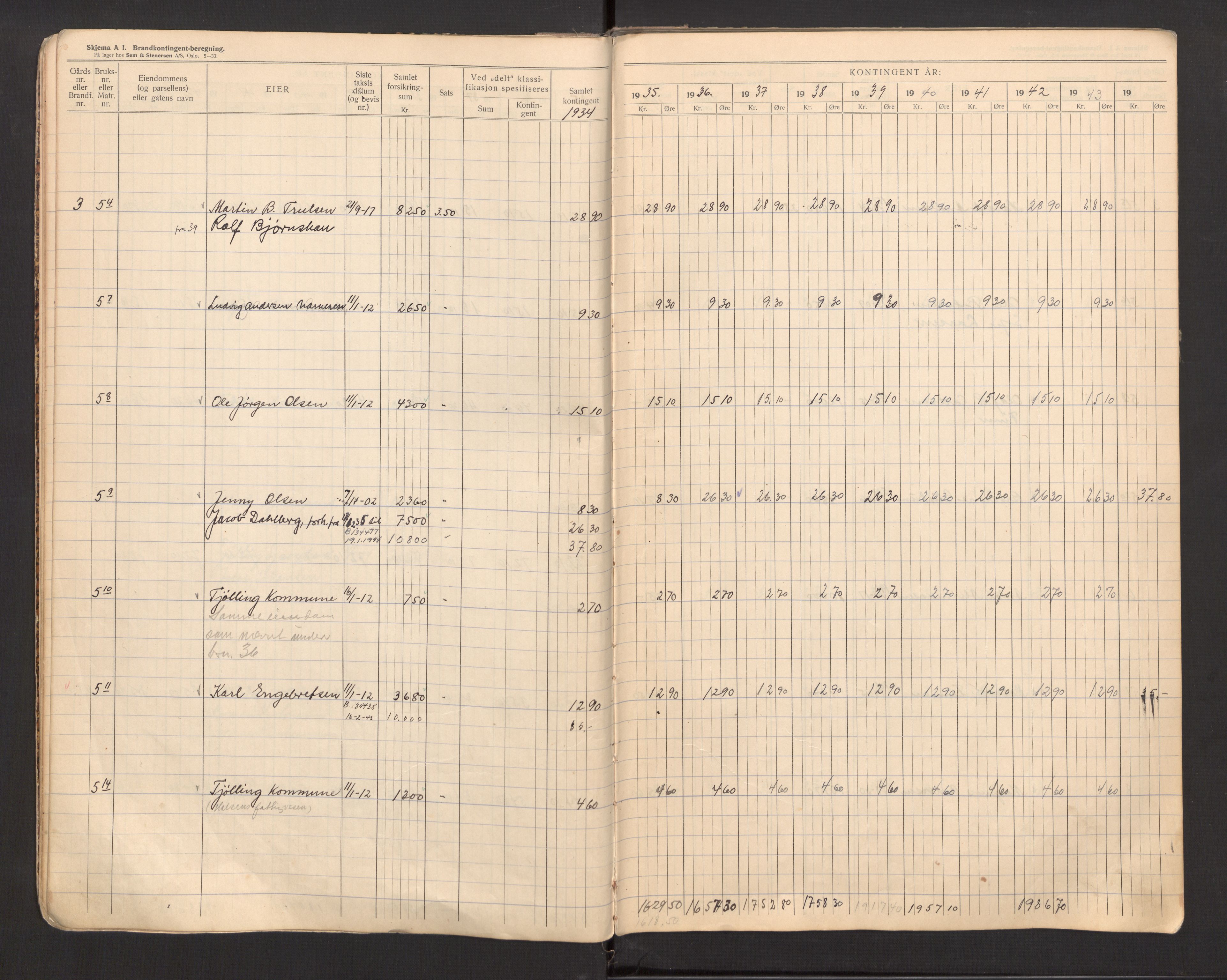 Tjølling lensmannskontor, AV/SAKO-A-16/Y/Yb/Ybb/L0007: Branntakstprotokoll, 1934-1943