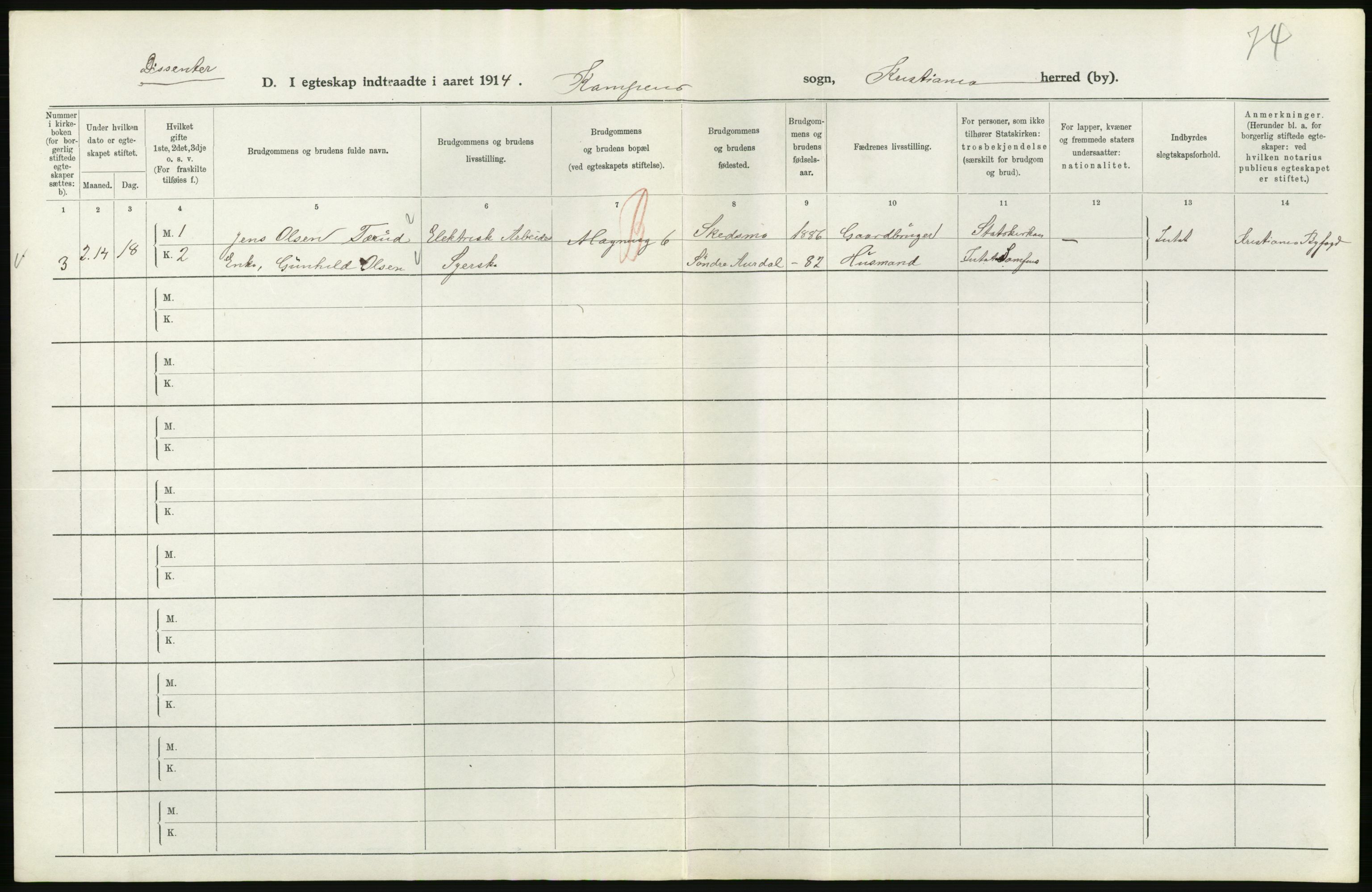 Statistisk sentralbyrå, Sosiodemografiske emner, Befolkning, AV/RA-S-2228/D/Df/Dfb/Dfbd/L0007: Kristiania: Gifte, 1914, s. 262