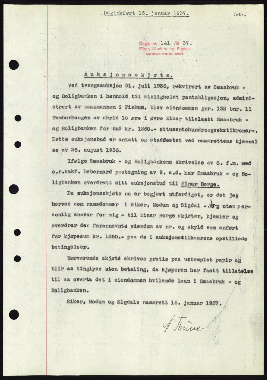 Eiker, Modum og Sigdal sorenskriveri, SAKO/A-123/G/Ga/Gab/L0034: Pantebok nr. A4, 1936-1937, Dagboknr: 141/1937