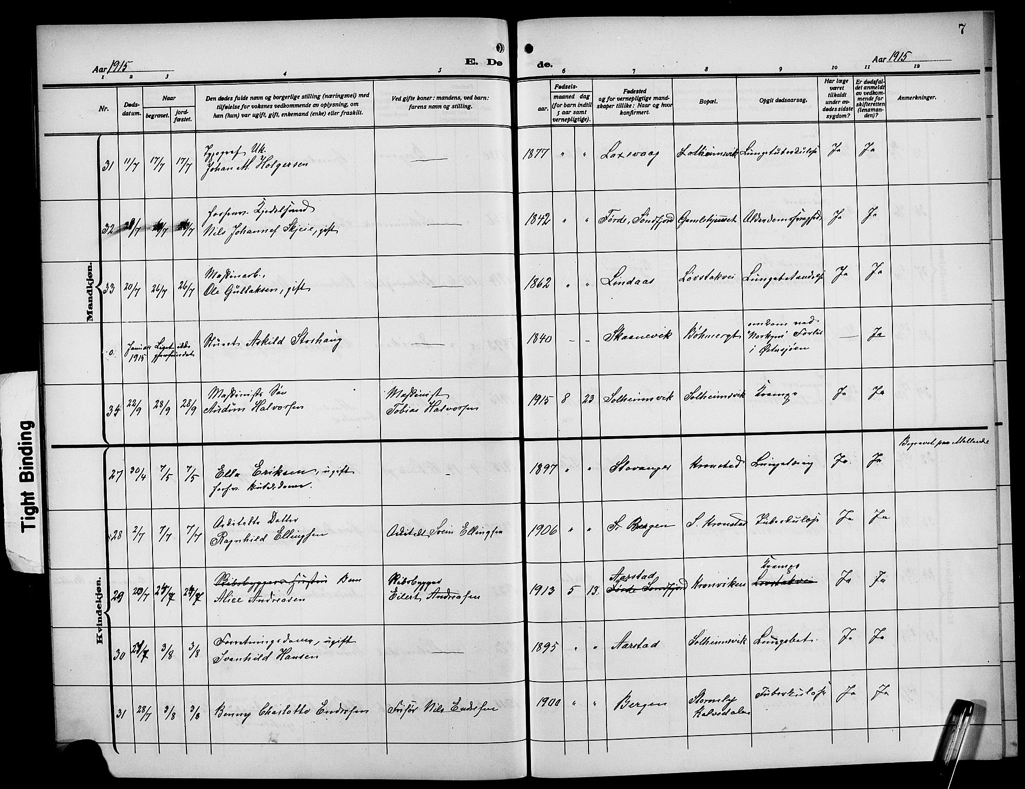 Årstad Sokneprestembete, AV/SAB-A-79301/H/Hab/L0024: Klokkerbok nr. D 1, 1915-1922, s. 7