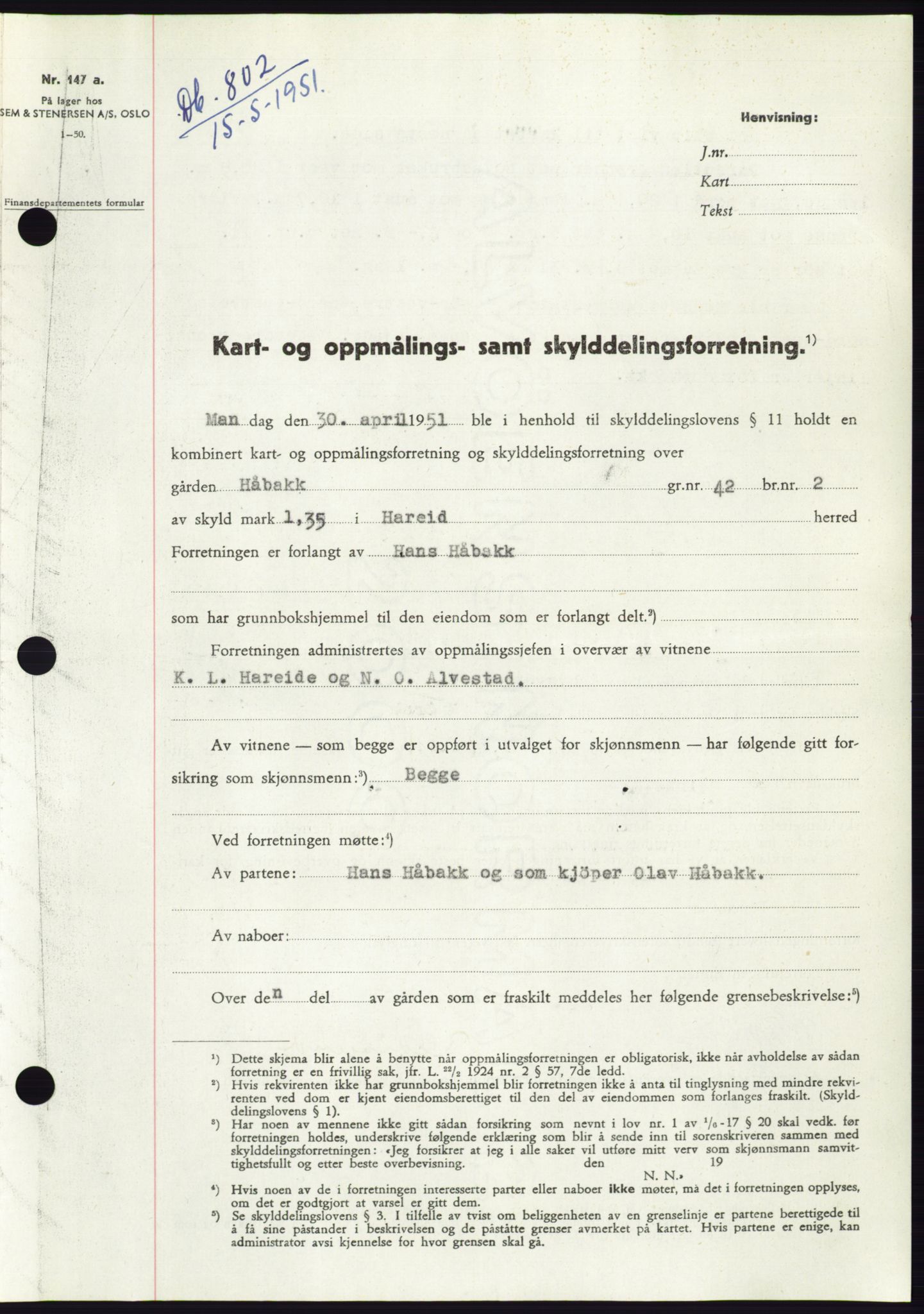 Søre Sunnmøre sorenskriveri, SAT/A-4122/1/2/2C/L0089: Pantebok nr. 15A, 1951-1951, Dagboknr: 802/1951