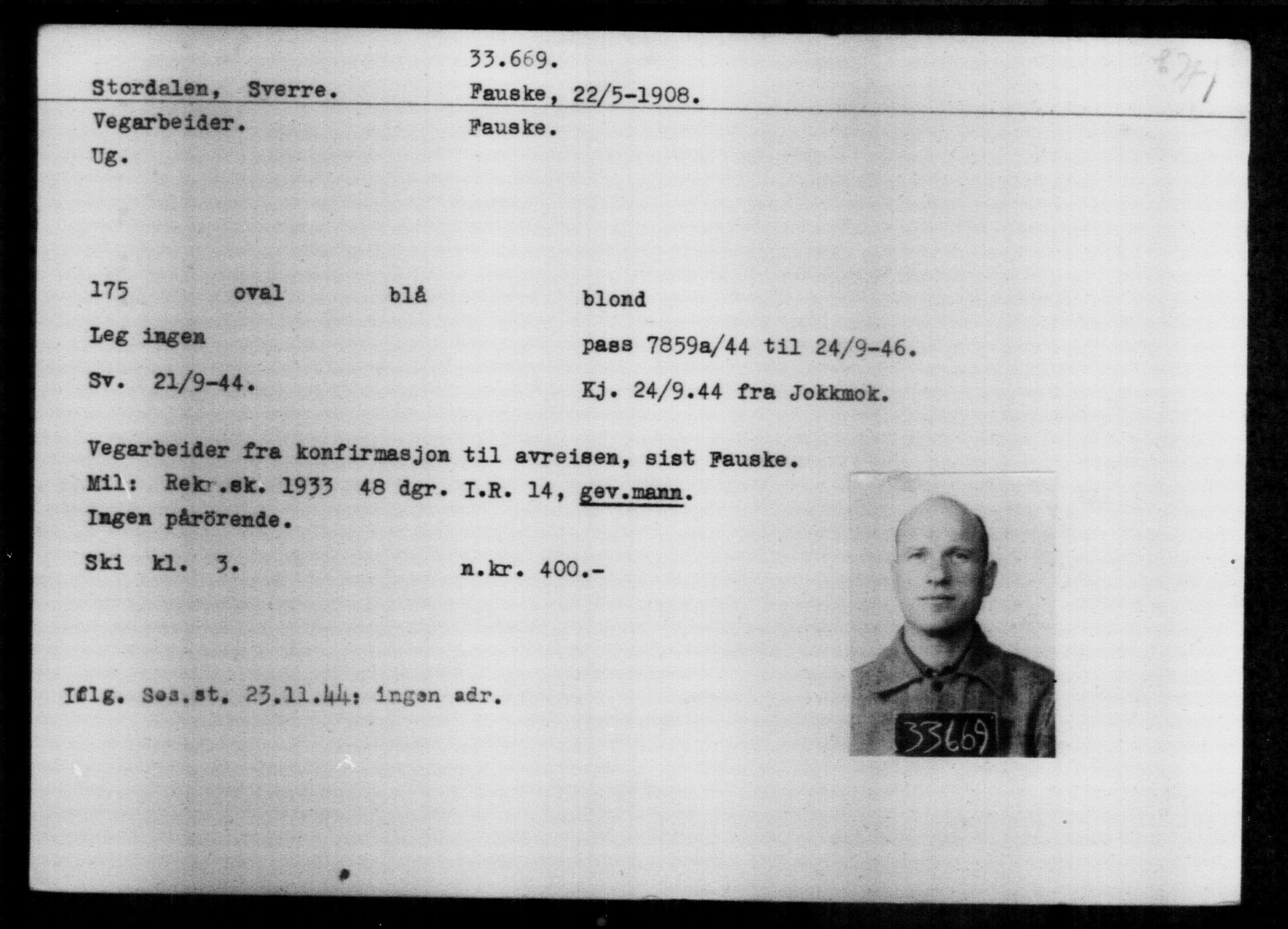 Utenriksstasjonene, Legasjonen i Stockholm, Flyktningkontoret, AV/RA-S-6753/V/Va/L0013: Kjesäterkartoteket, flyktninger med registreringsnr. 31500-34731, 1940-1945, s. 2288