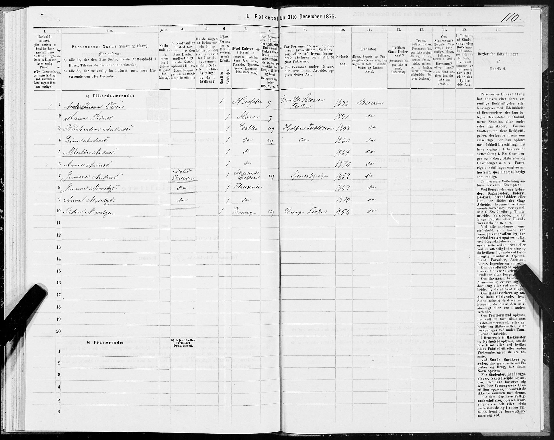 SAT, Folketelling 1875 for 1839P Beiarn prestegjeld, 1875, s. 1110