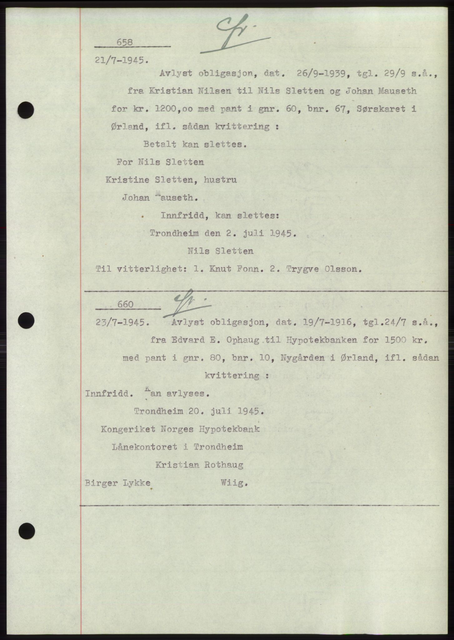 Fosen sorenskriveri, AV/SAT-A-1107/1/2/2C: Pantebok nr. B1, 1943-1946, Dagboknr: 658/1945