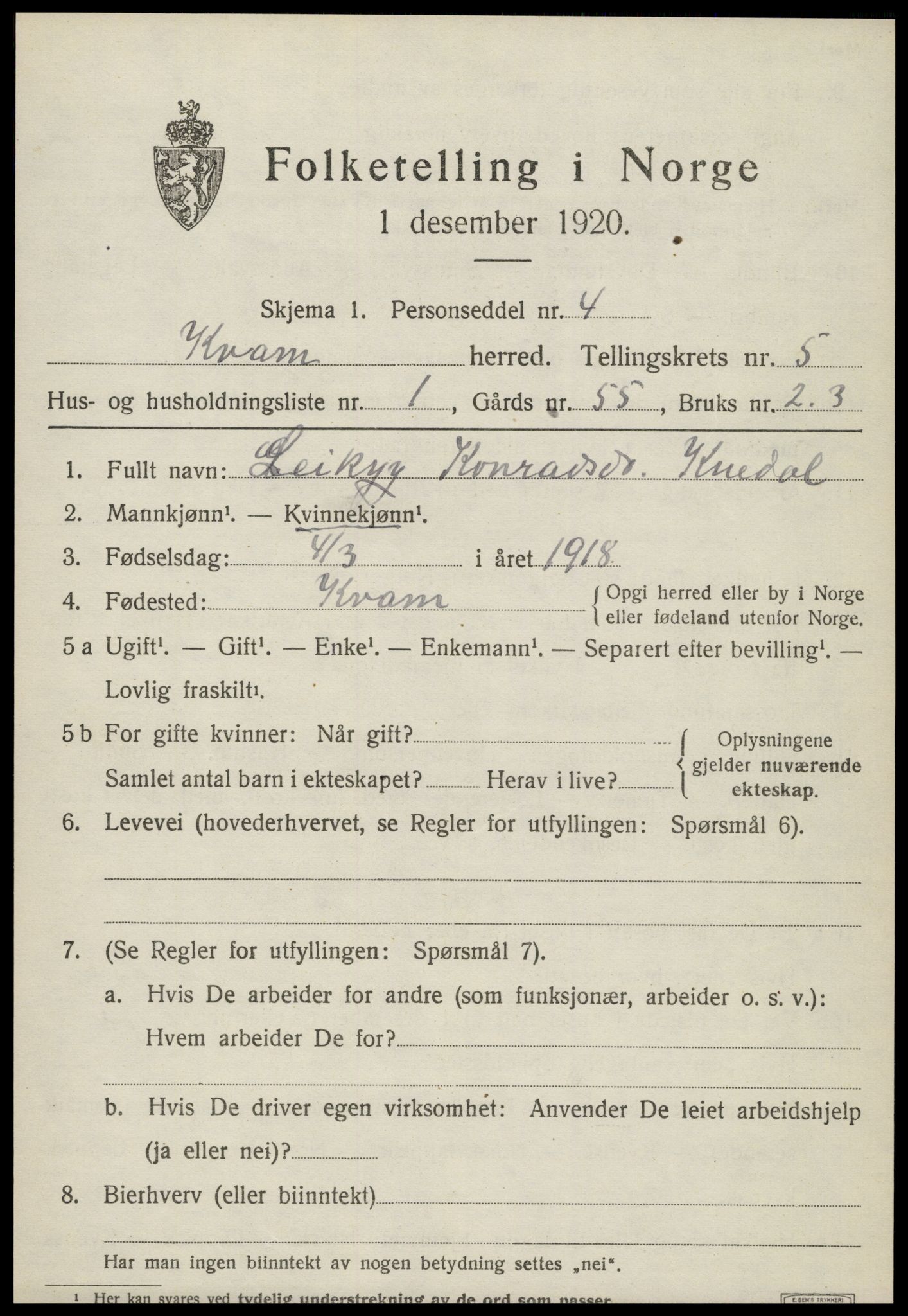 SAT, Folketelling 1920 for 1735 Kvam herred, 1920, s. 1401