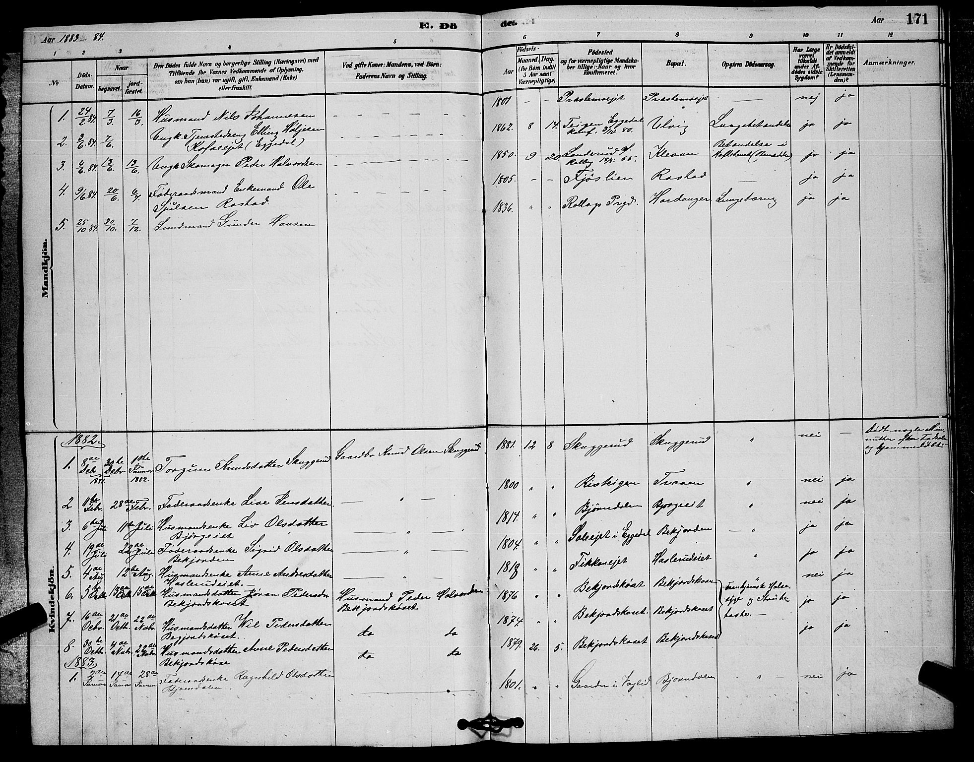 Rollag kirkebøker, AV/SAKO-A-240/G/Ga/L0004: Klokkerbok nr. I 4, 1878-1903, s. 171