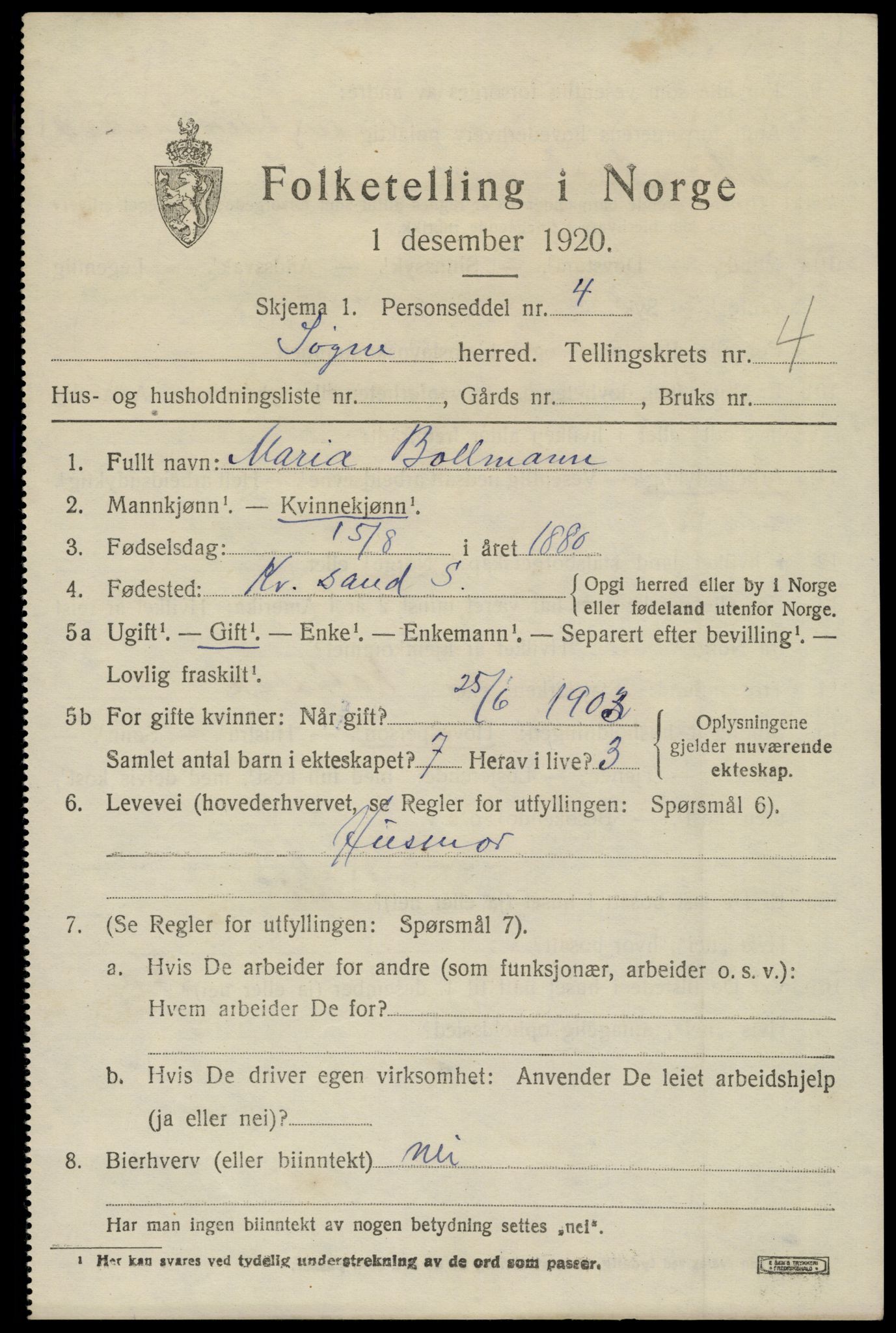 SAK, Folketelling 1920 for 1018 Søgne herred, 1920, s. 3139