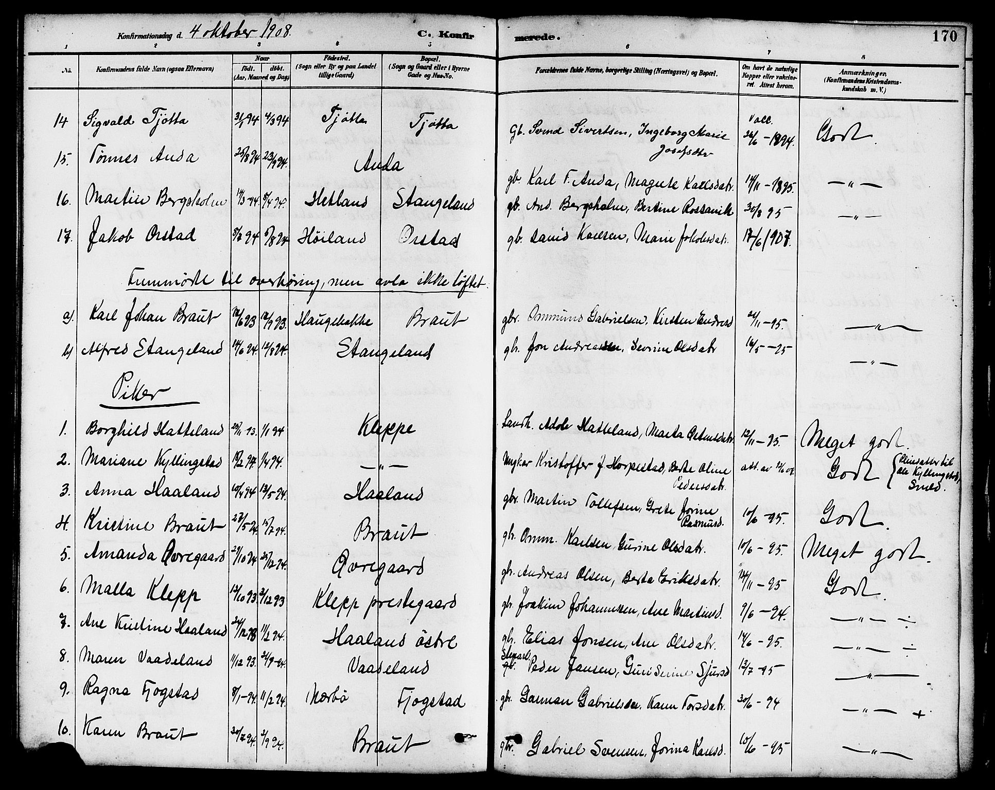 Klepp sokneprestkontor, AV/SAST-A-101803/001/3/30BB/L0004: Klokkerbok nr. B 4, 1889-1914, s. 170