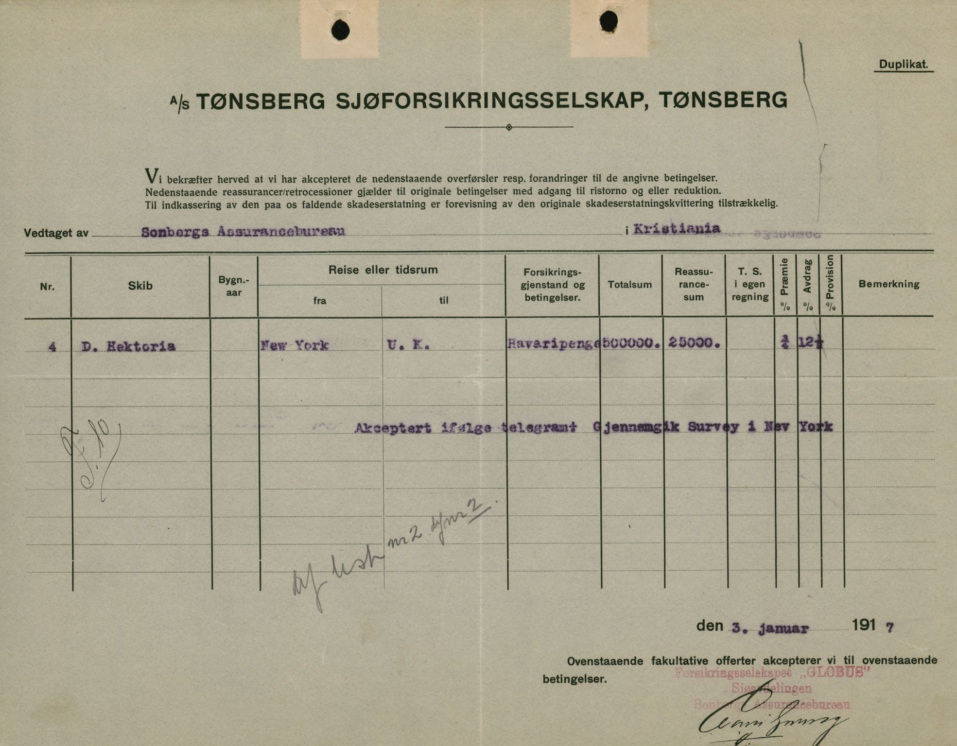 Pa 664 - Tønsberg Sjøforsikringsselskap, VEMU/A-1773/F/L0001: Forsikringspoliser, 1915-1918