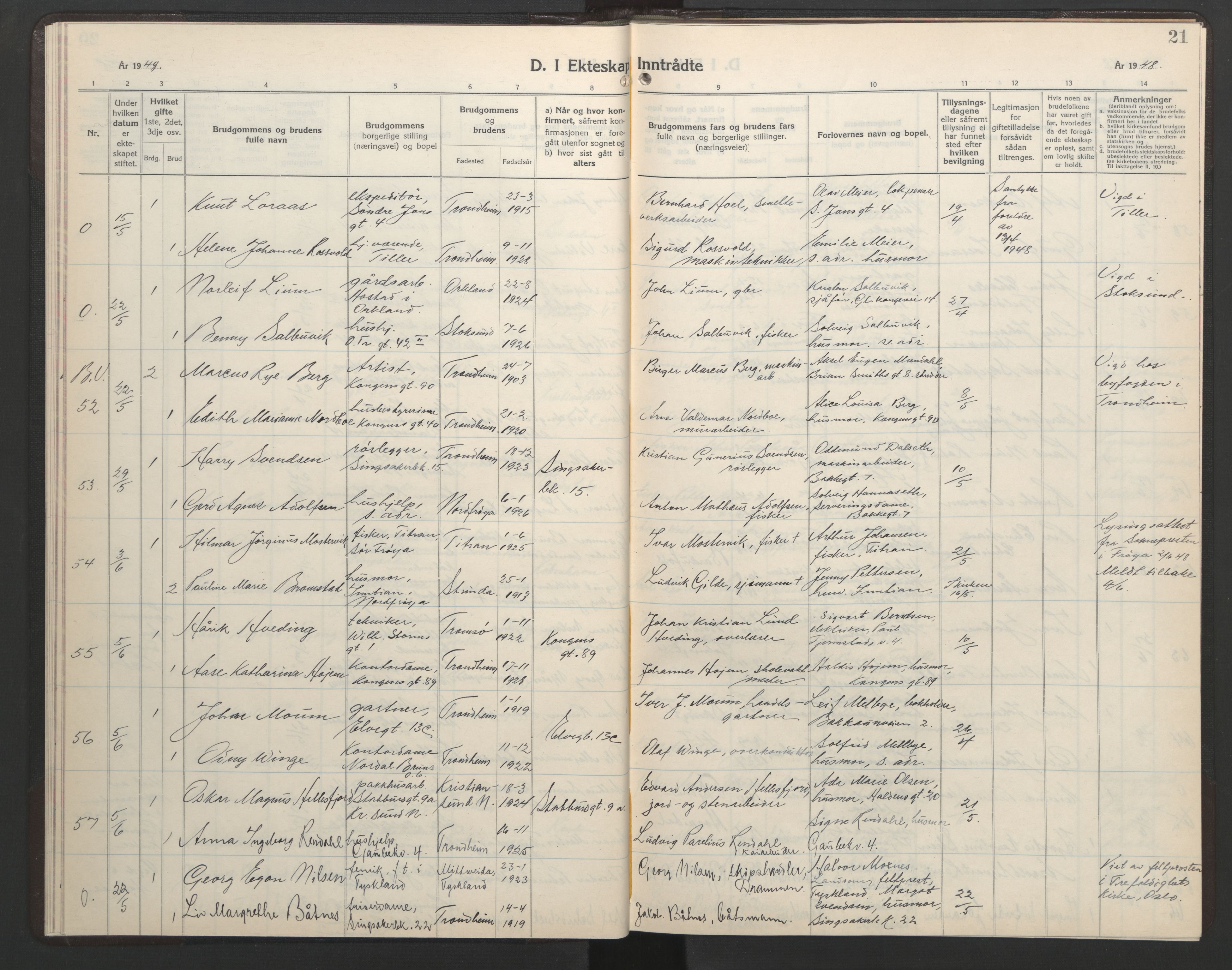 Ministerialprotokoller, klokkerbøker og fødselsregistre - Sør-Trøndelag, AV/SAT-A-1456/602/L0155: Klokkerbok nr. 602C23, 1947-1950, s. 21