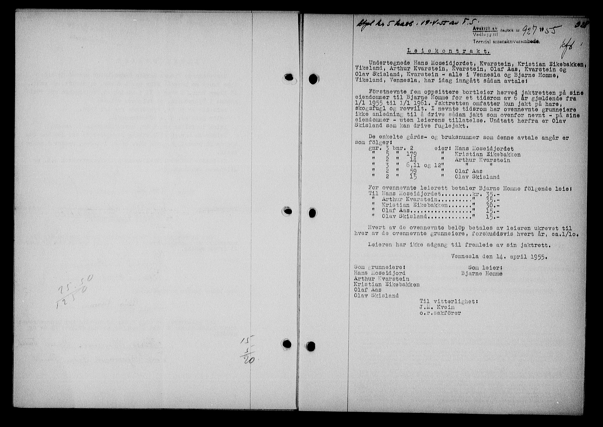 Torridal sorenskriveri, SAK/1221-0012/G/Gb/Gba/L0065: Pantebok nr. 80a-84a, 1953-1955, Dagboknr: 927/1955