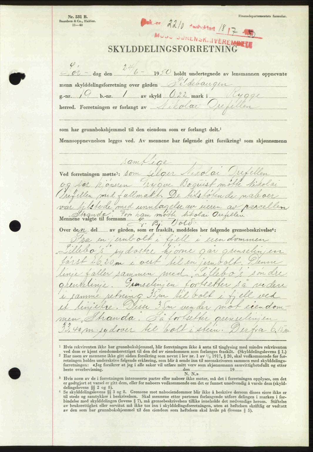 Moss sorenskriveri, SAO/A-10168: Pantebok nr. A26, 1950-1950, Dagboknr: 2210/1950