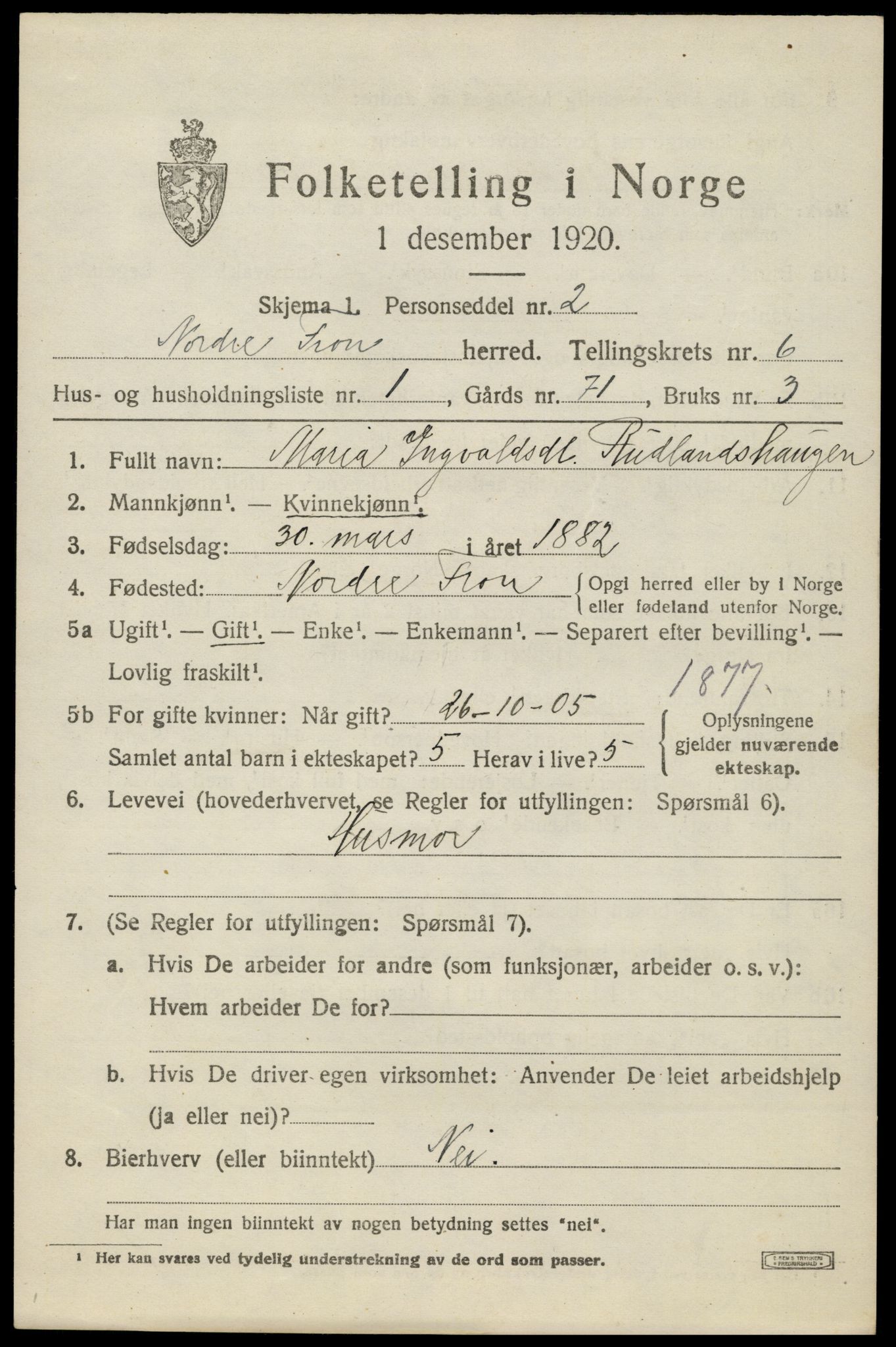 SAH, Folketelling 1920 for 0518 Nord-Fron herred, 1920, s. 5380