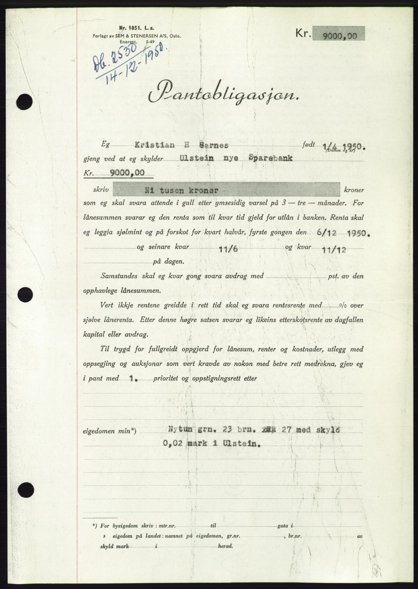 Søre Sunnmøre sorenskriveri, AV/SAT-A-4122/1/2/2C/L0119: Pantebok nr. 7B, 1950-1951, Dagboknr: 2530/1950