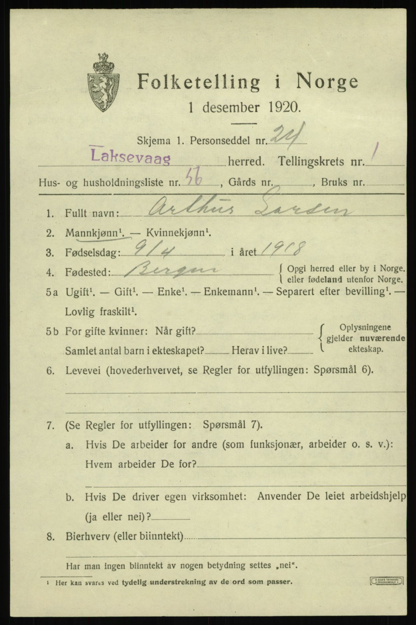 SAB, Folketelling 1920 for 1248 Laksevåg herred, 1920, s. 3988