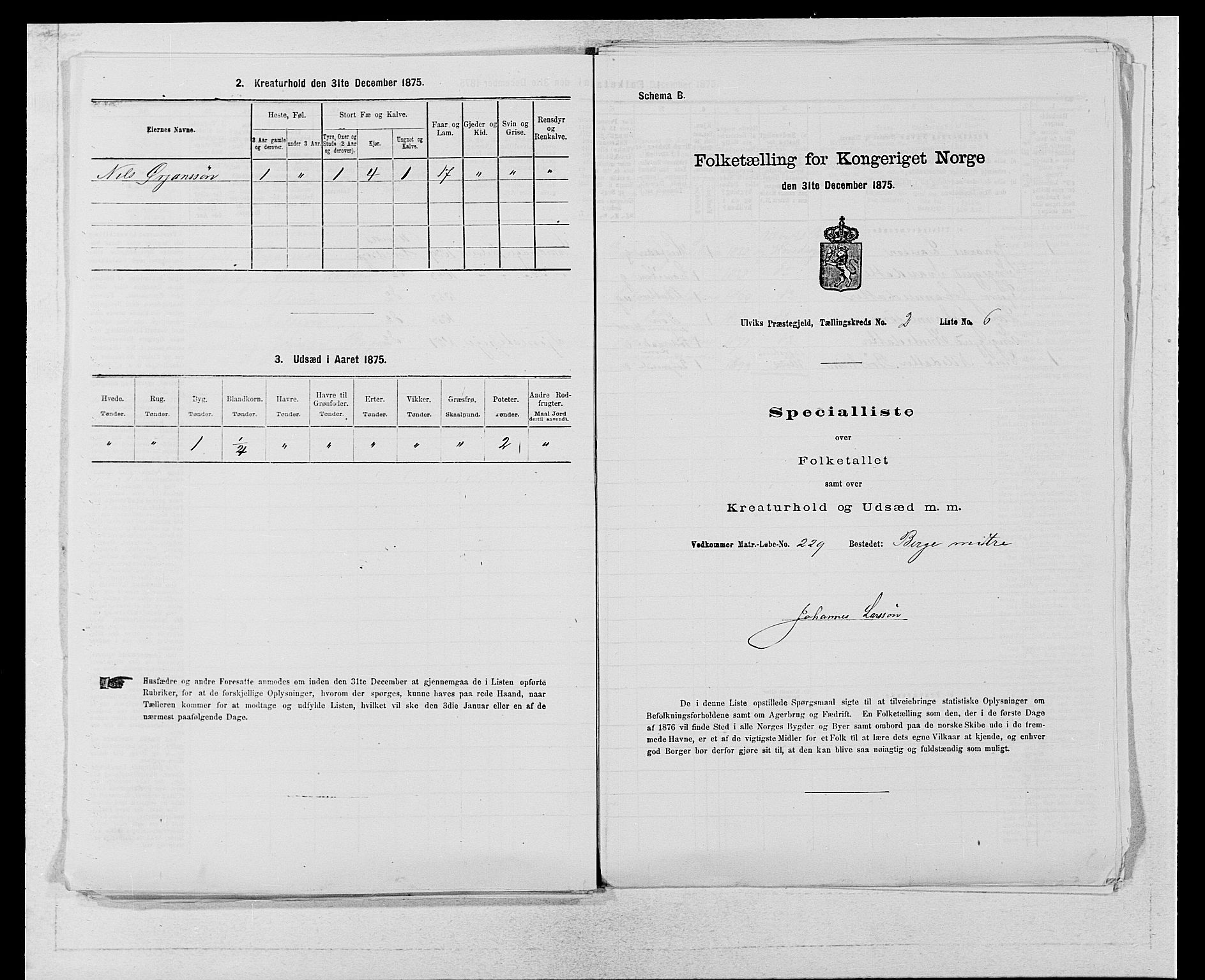 SAB, Folketelling 1875 for 1233P Ulvik prestegjeld, 1875, s. 313