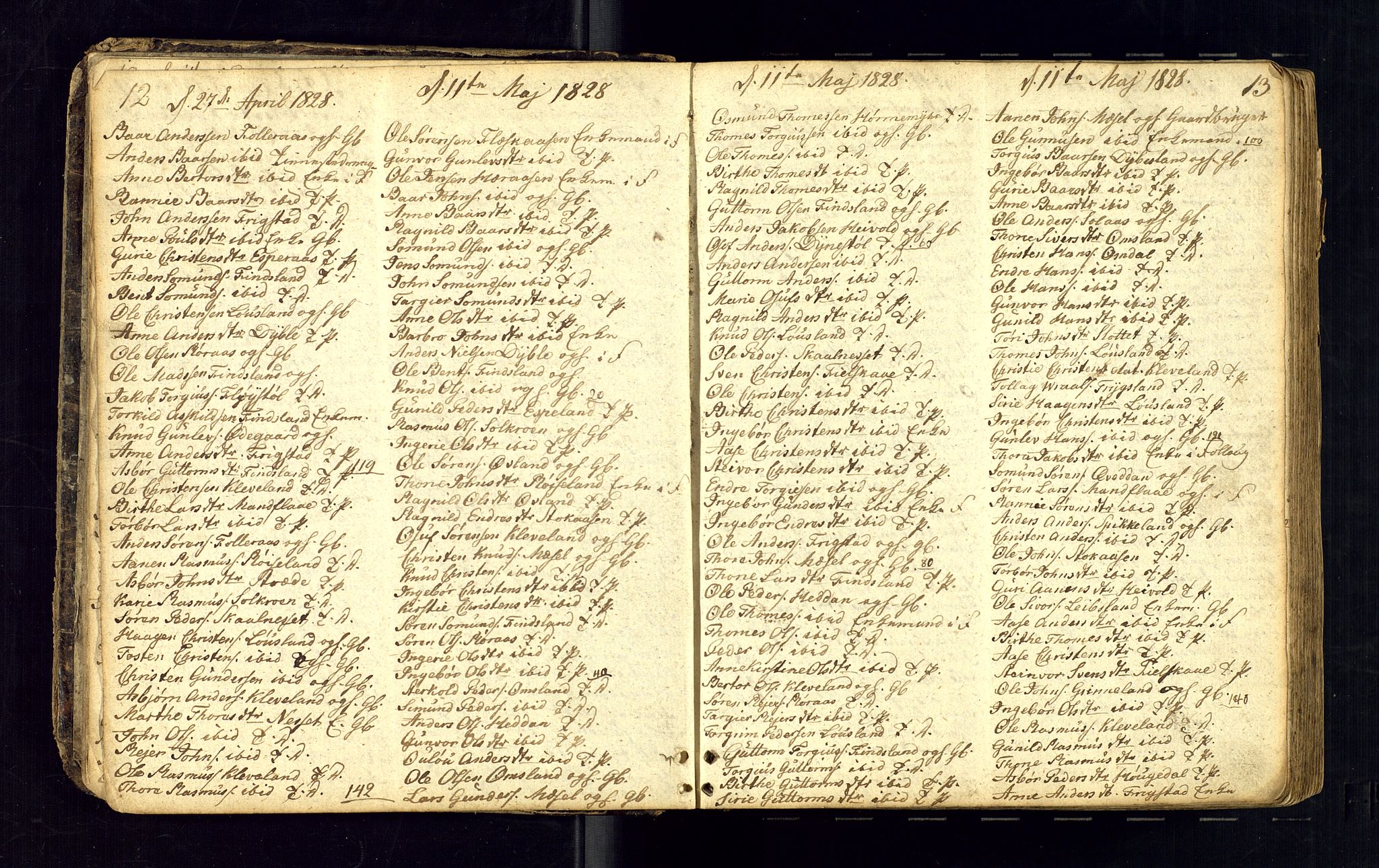 Bjelland sokneprestkontor, AV/SAK-1111-0005/F/Fc/Fcb/L0001: Kommunikantprotokoll nr. C-1, 1827-1906, s. 12-13