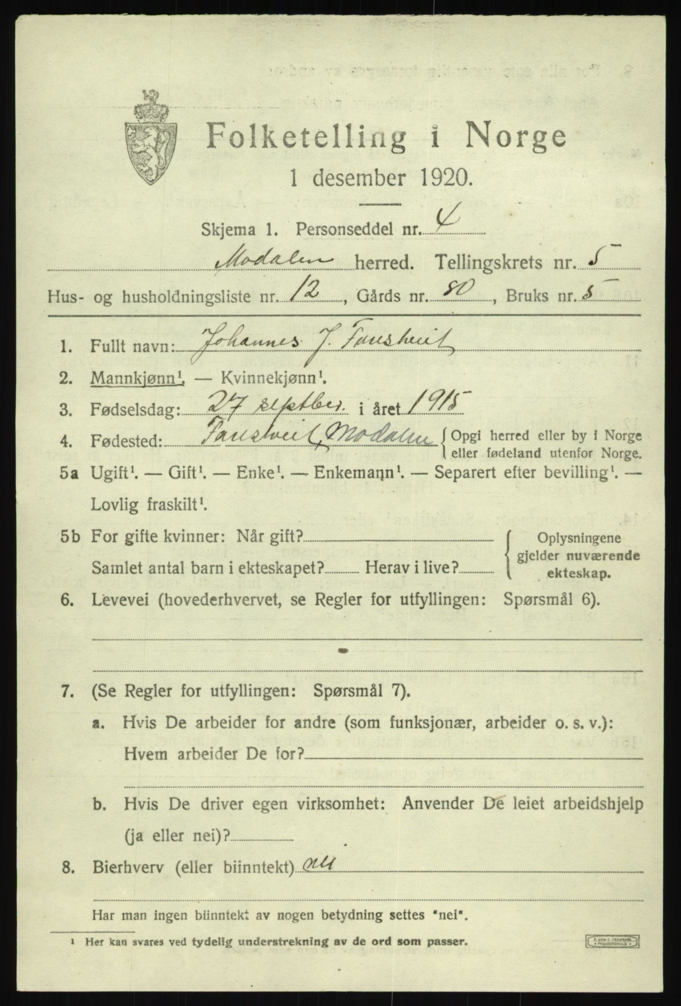 SAB, Folketelling 1920 for 1252 Modalen herred, 1920, s. 1120