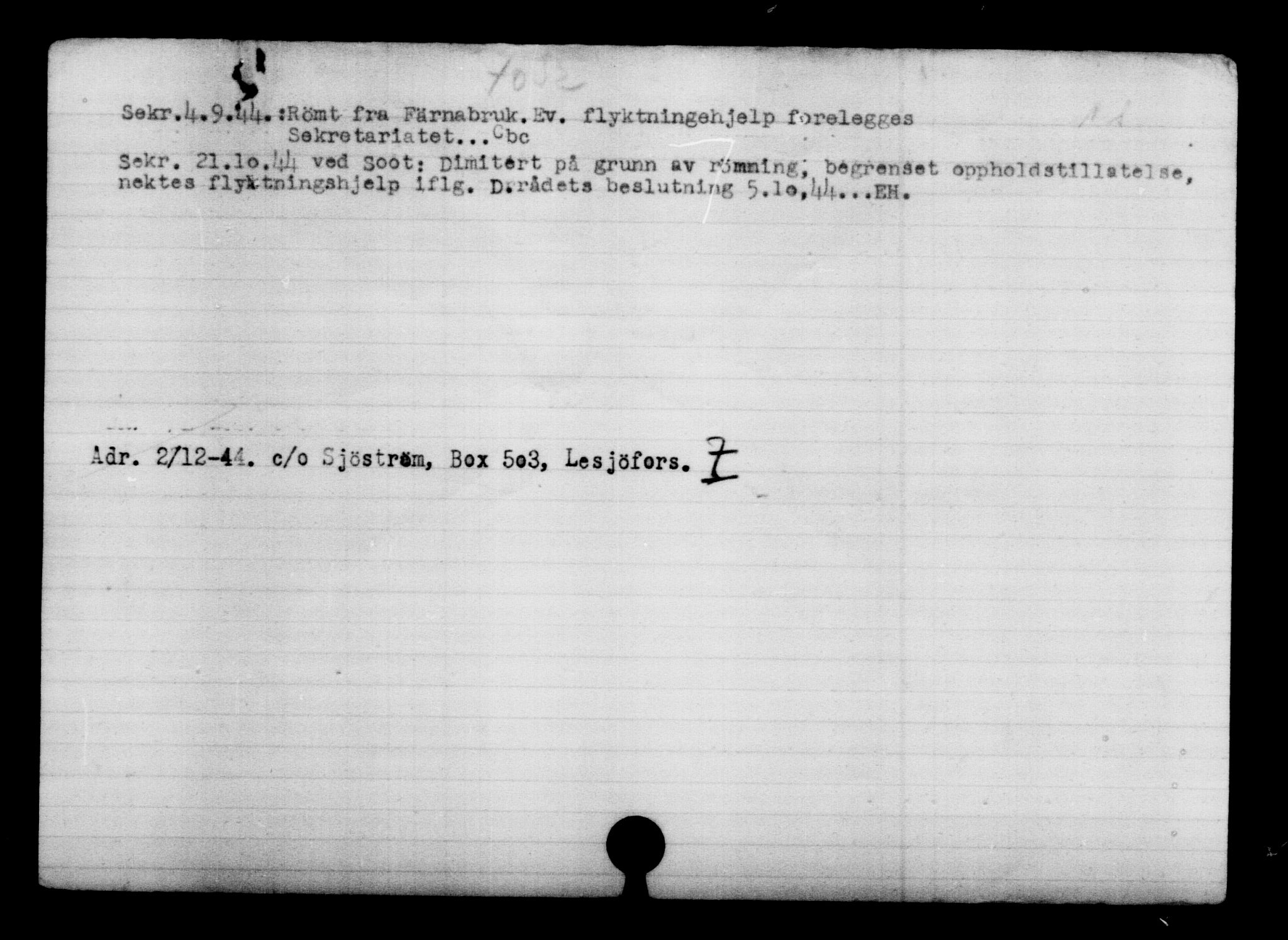 Utenriksstasjonene, Legasjonen i Stockholm, Flyktningkontoret, AV/RA-S-6753/V/Va/L0005: Kjesäterkartoteket, flyktninger med registreringsnr. 6600-9417, 1940-1945, s. 521